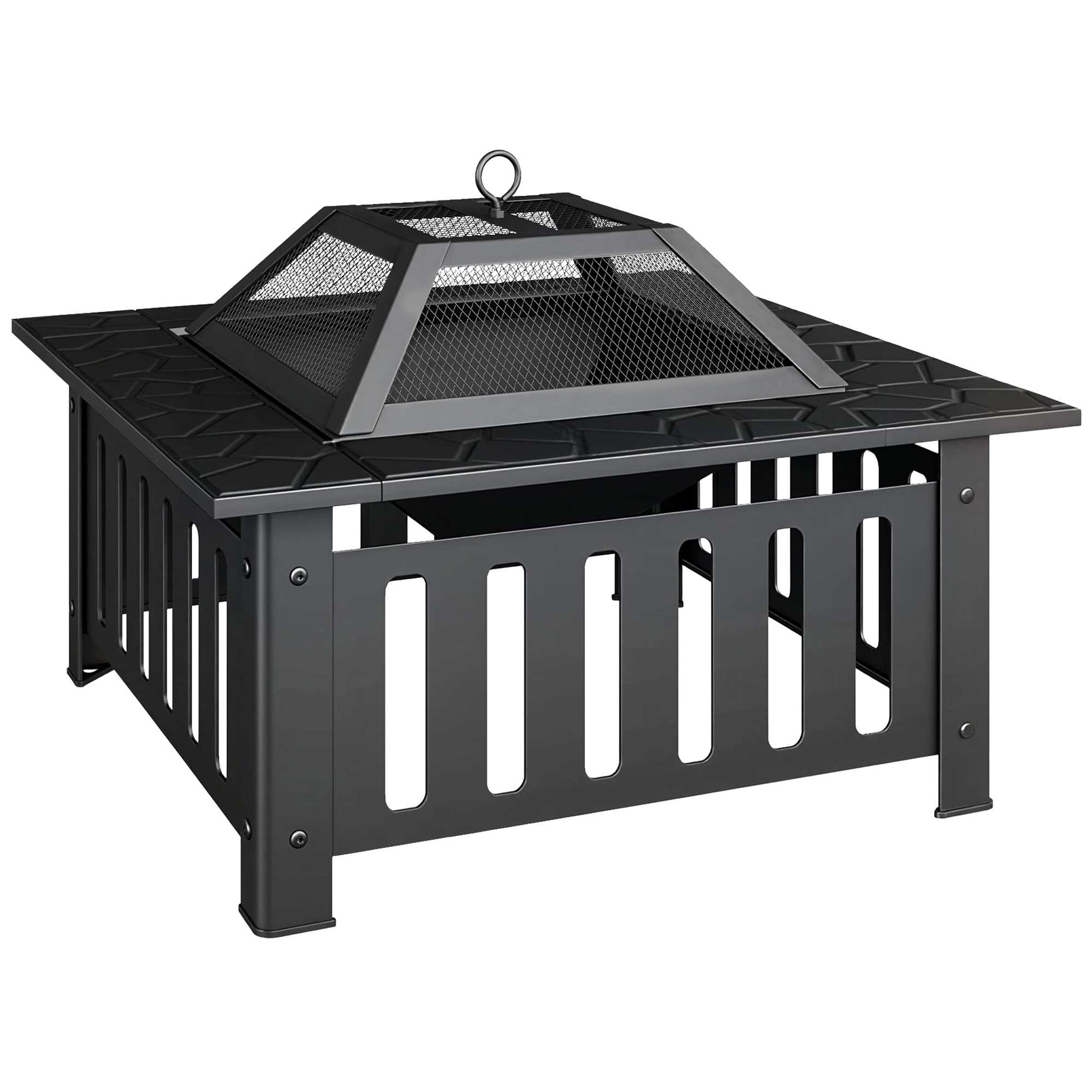 Outsunny Feuerschale 67x67x47cm aus Stahl Feuerstelle mit Funkenschutz Schürhaken Feuerschalen Feuerkorb für Garten, Balkon Terrasse, Outdoor BBQ Camping Schwarz Aosom