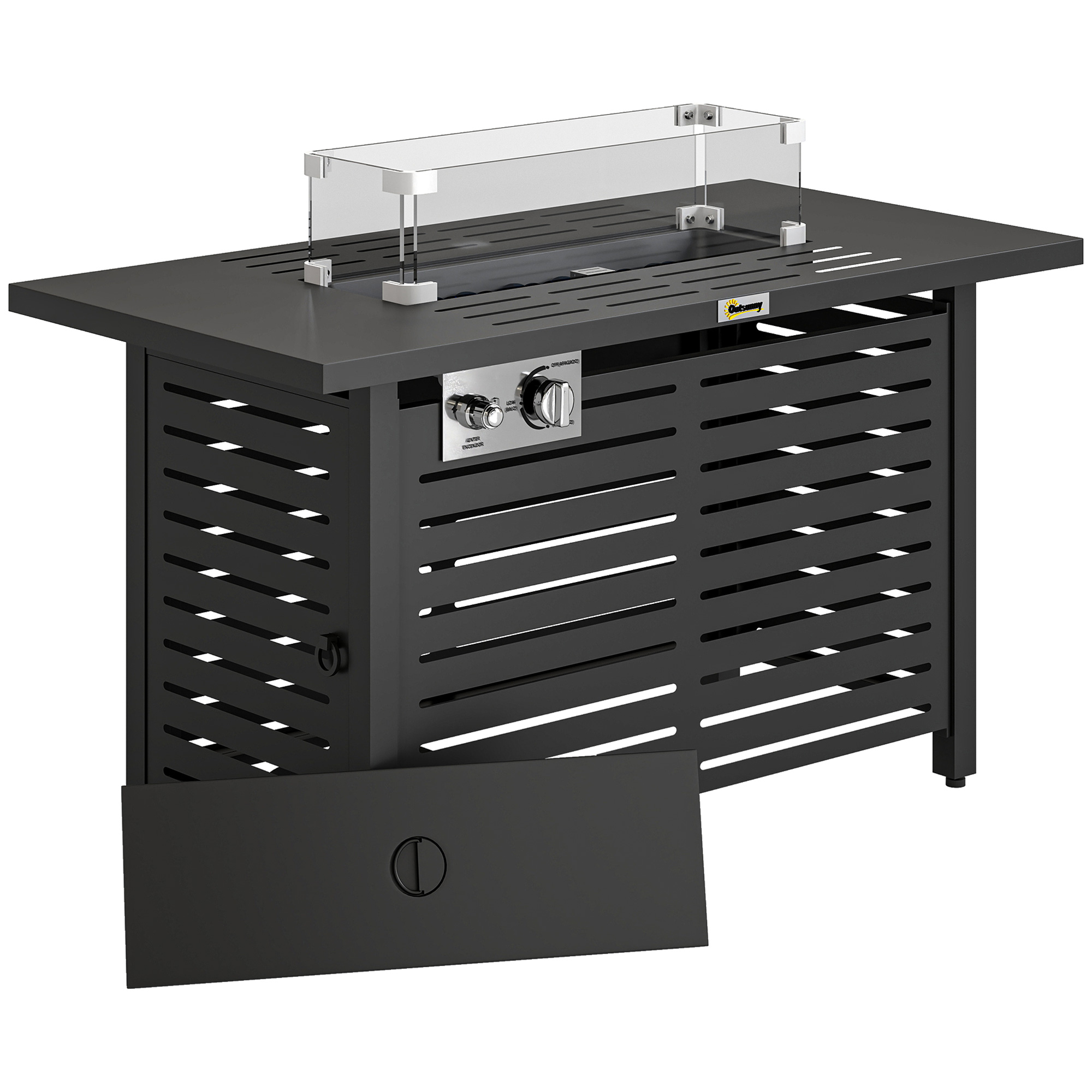 Outsunny Propane Gas Fire Pit Table, Outdoor Firepit with 43″ Steel Tabletop and Lid, 50,000 BTU Pulse Ignition Fire Table w/ Stainless Steel Burner, Glass Wind Guard, and Cover