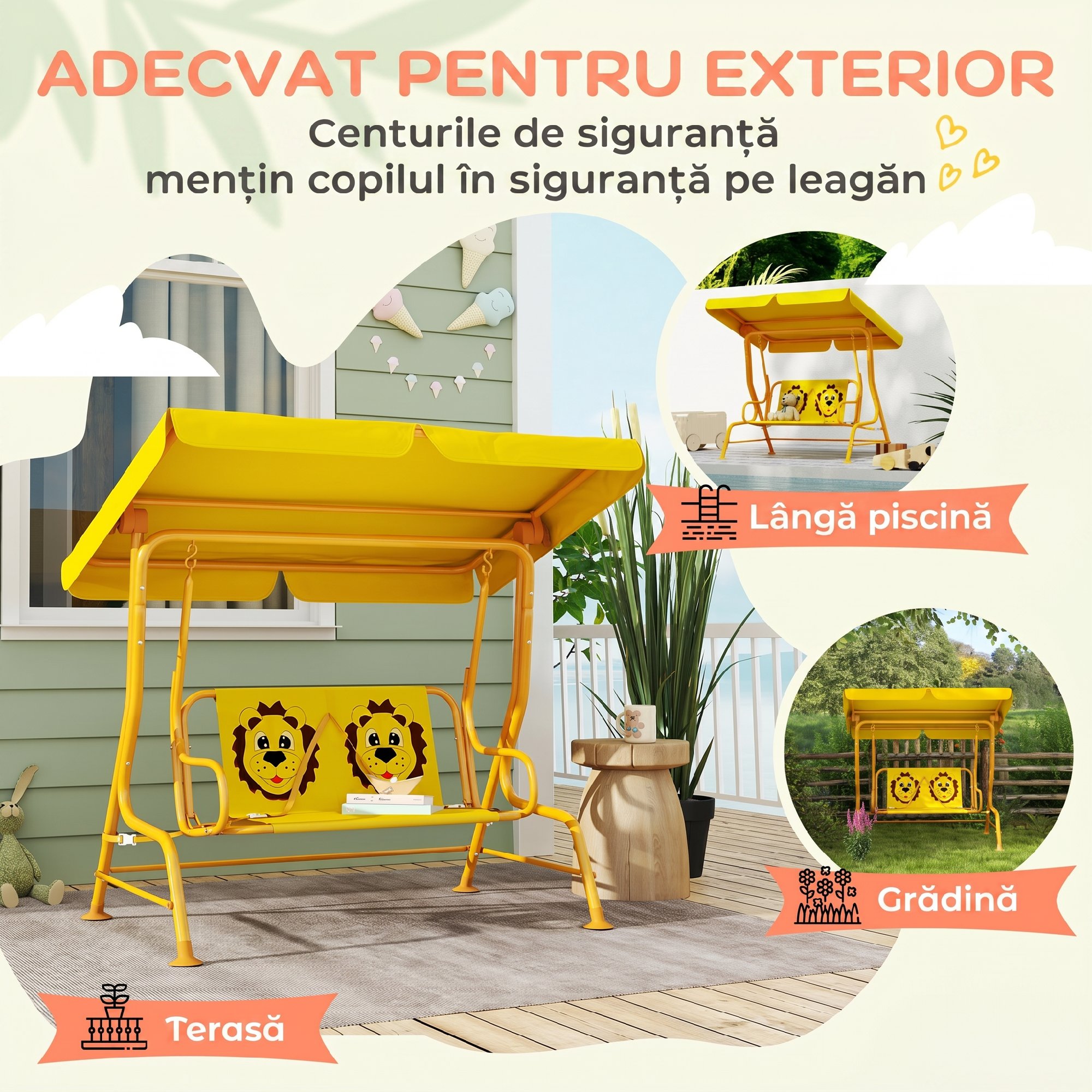 Gugalnica za Otroke na Prostem z 2 Sedežema z Nastavljivo Streho In Varnostnimi Pasovi, Gugalnica za Vrt In Notranje Prostore iz Jekla In Oxforda, Največ 60 kg, 112x75x120 cm, Rumena