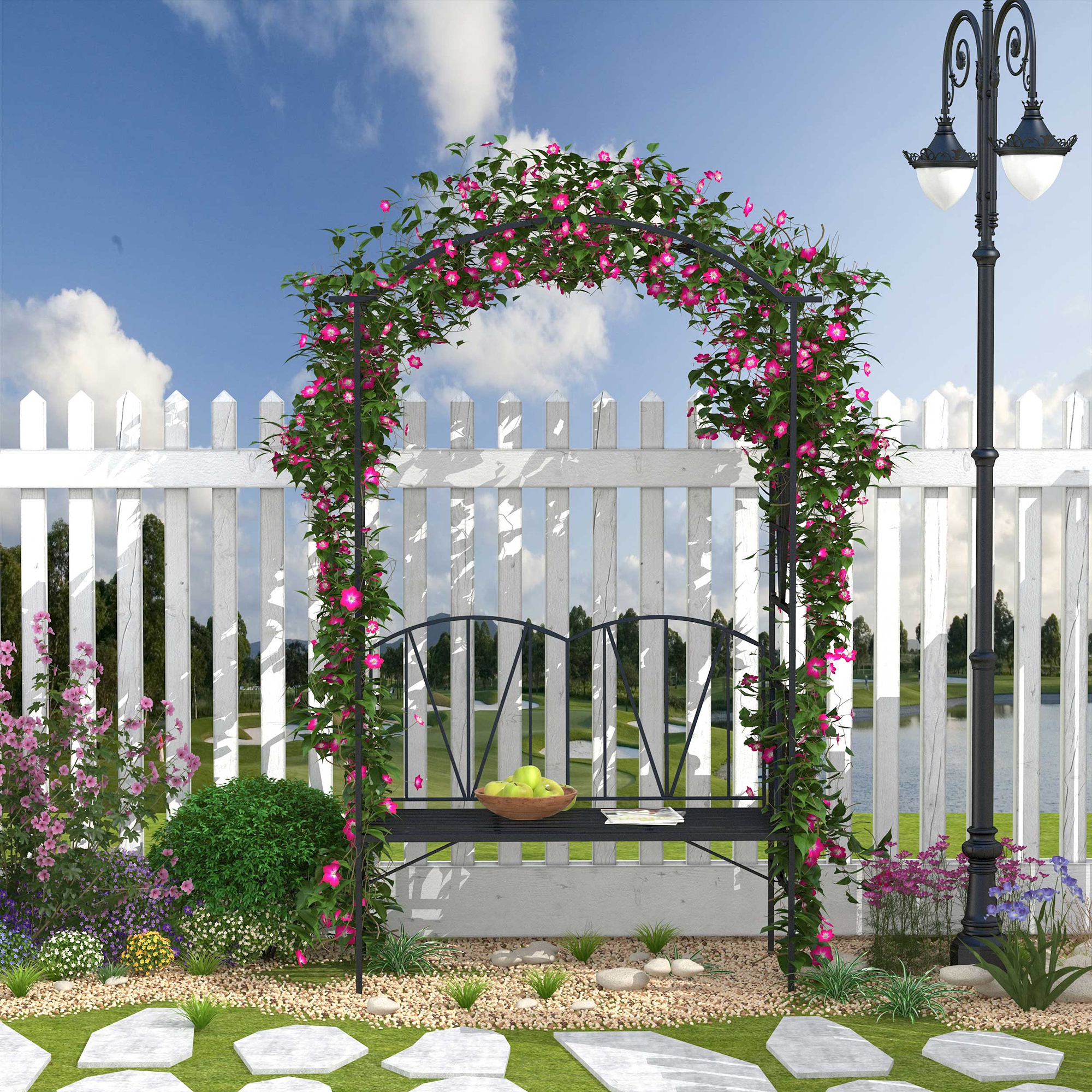 Outsunny Garden Bench, 2 Seater Outdoor Patio Bench, Metal Garden Loveseat with Arch for Vines and Climbing Plants, Black Outsunny Garden Bench, 2 Seater Outdoor Patio Bench, Metal Garden Loveseat with Arch for Vines and Climbing Plants, Black