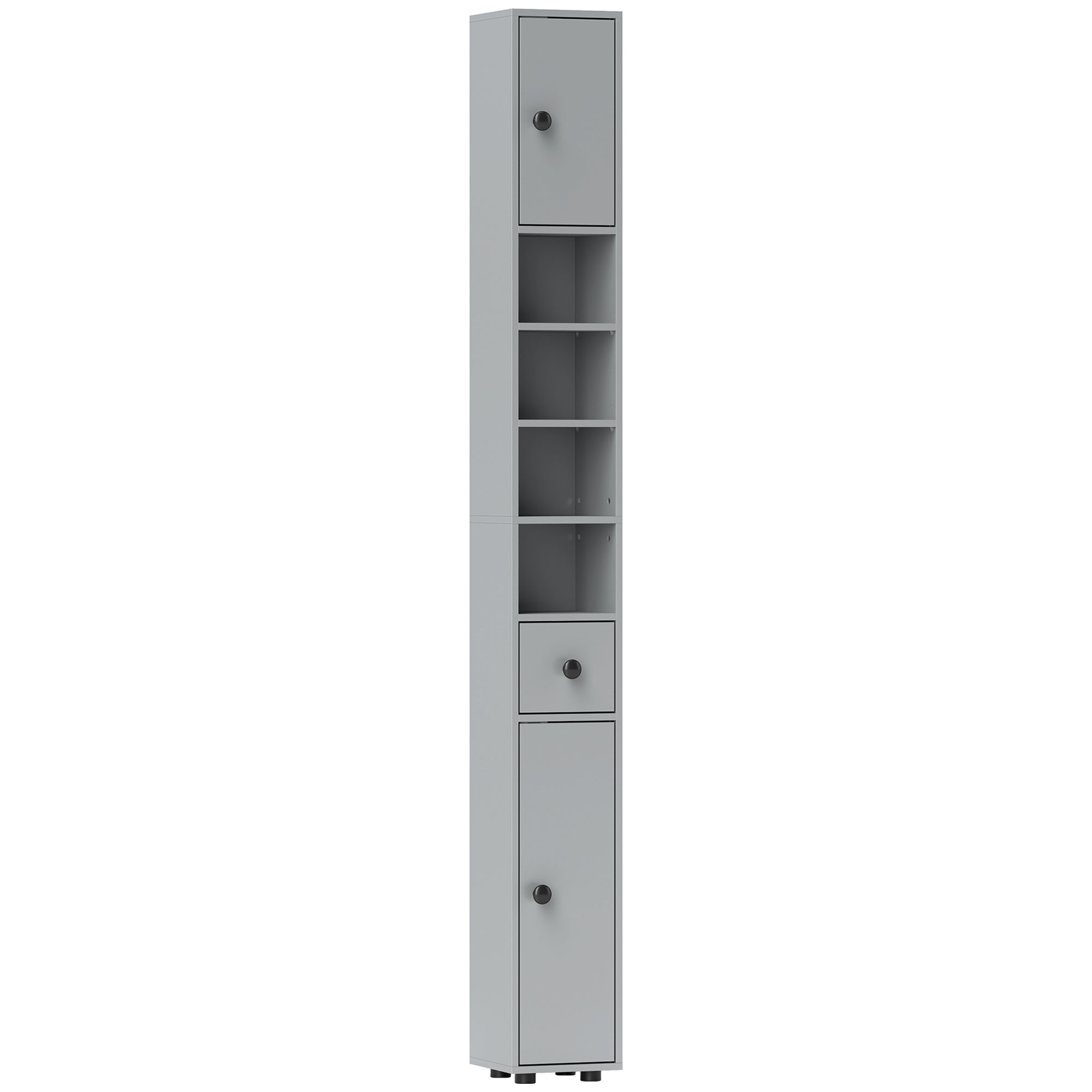 Kleankin Grey 180Cm Slim Bathroom Cabinet, With Drawer, Shelves And Cupboards
