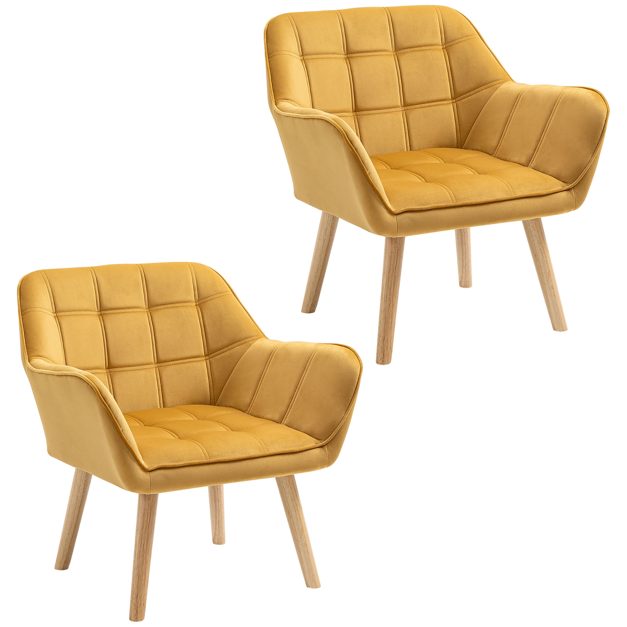 Homcom Yellow Accent Armchair Duo: Plush Padded Seating With Slanted Back, Iron Frame & Wooden Legs, Sunshine | Aosom Uk