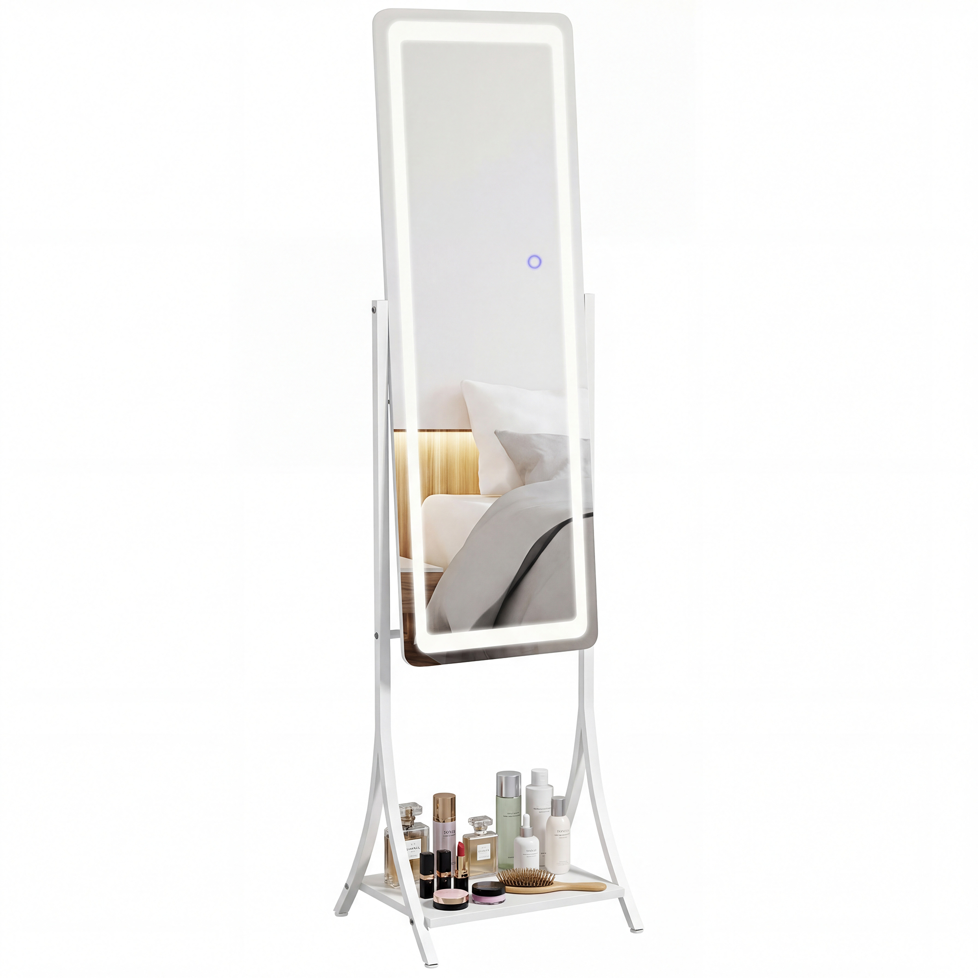 Homcom White Full Length Dressing Mirror With Led Lights, Adjustable Colour Temperature, Storage Shelf, Ideal For Outfit Checks | Aosom Uk