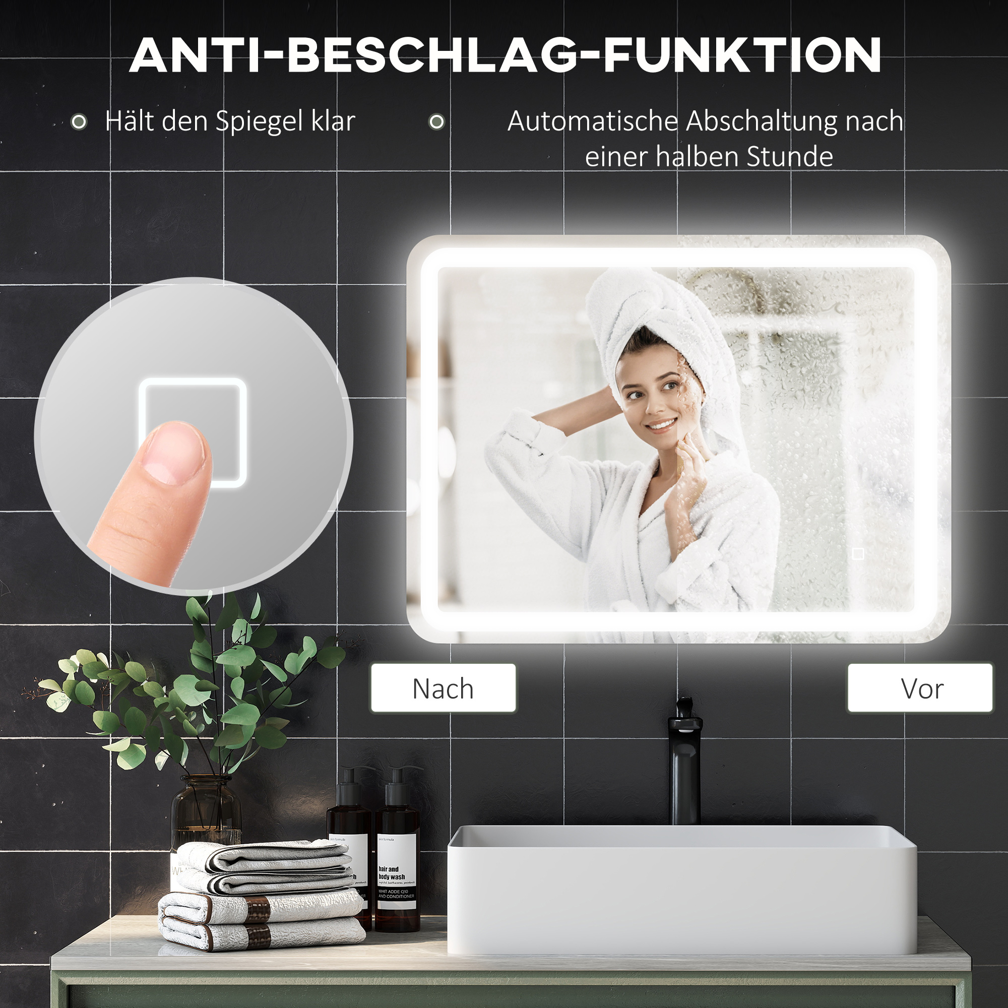 Vannitoa peegel, valgustatud, puutetundliku juhtimisega, uduvastane, hämardatav, 3 heledat värvi, 60 x 80, hõbedane