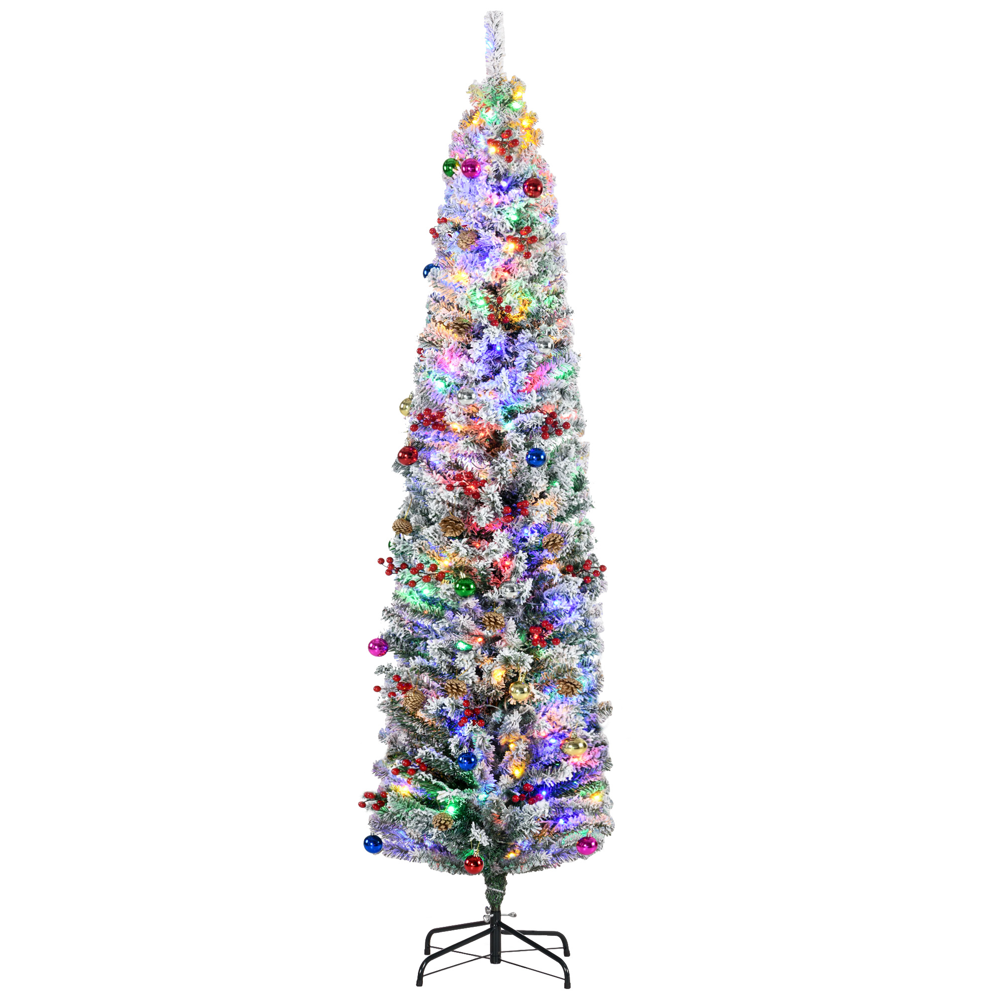 HOMCOM 7' Artificial Prelit Christmas Trees Holiday Décor with Colourful LED Lights, Flocked Tips, Berry, Pine Cone   Aosom UK