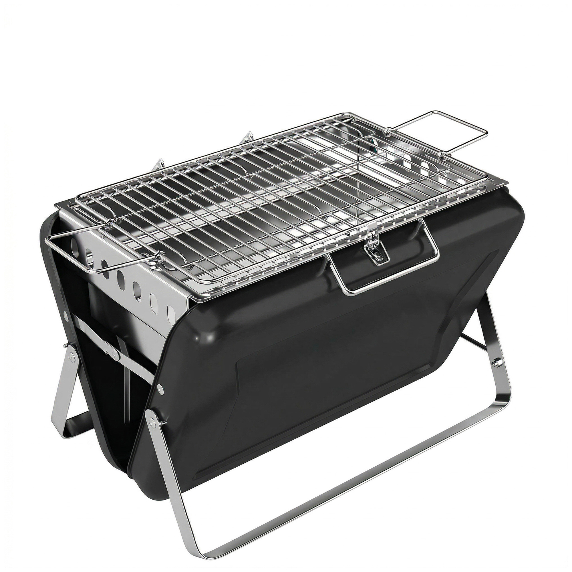 Holzkohlegrill aus Edelstahl BBQ Smoker mit Grillrost Griff klappbaren Beinen für Barbeque Camping 40x28x25,5cm Schwarz