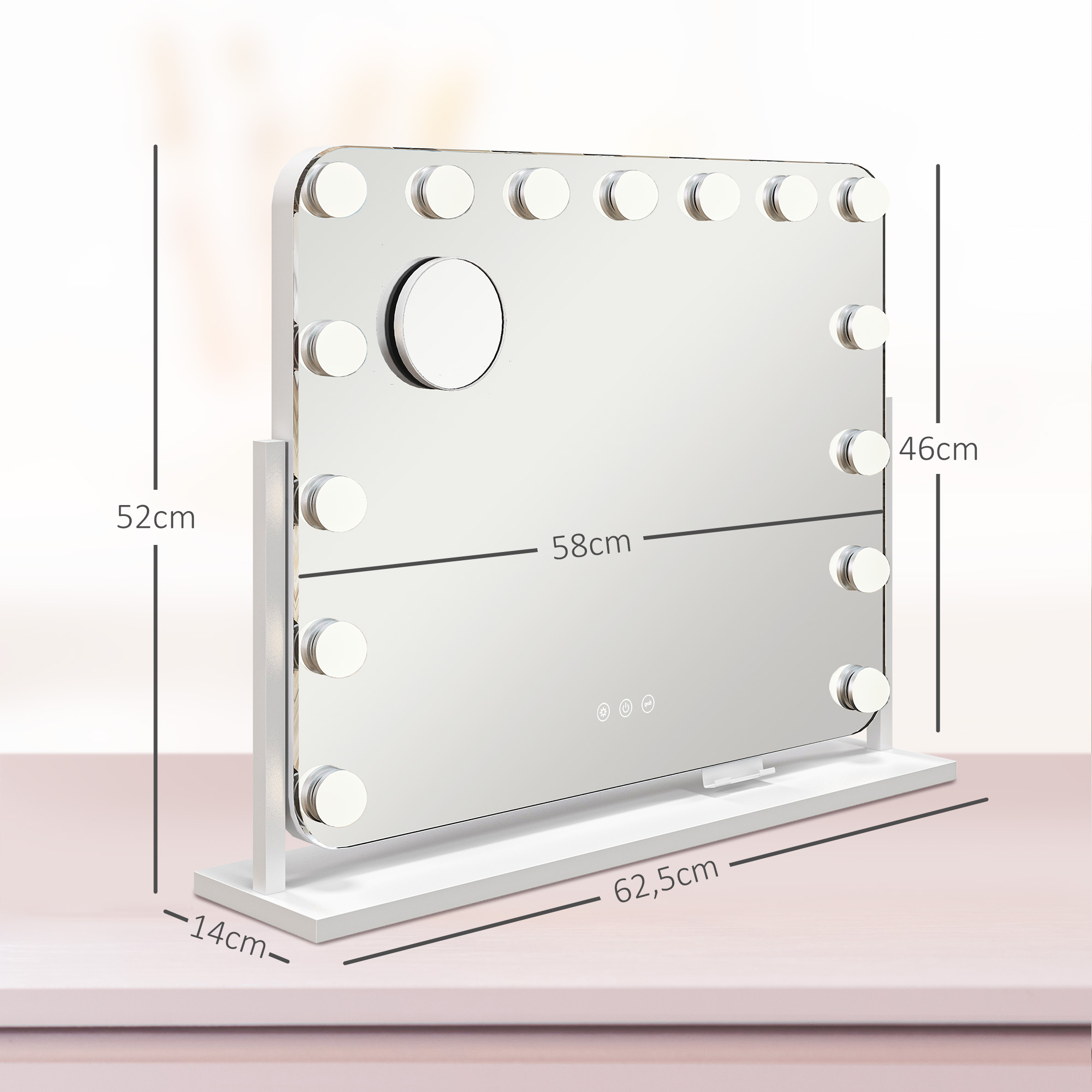 LED-kosmeetiline peegel, 3 valgusrežiimi, hämardatav, puutetundlik juhtimine, USB, 62,5 x 49,5 cm, valge