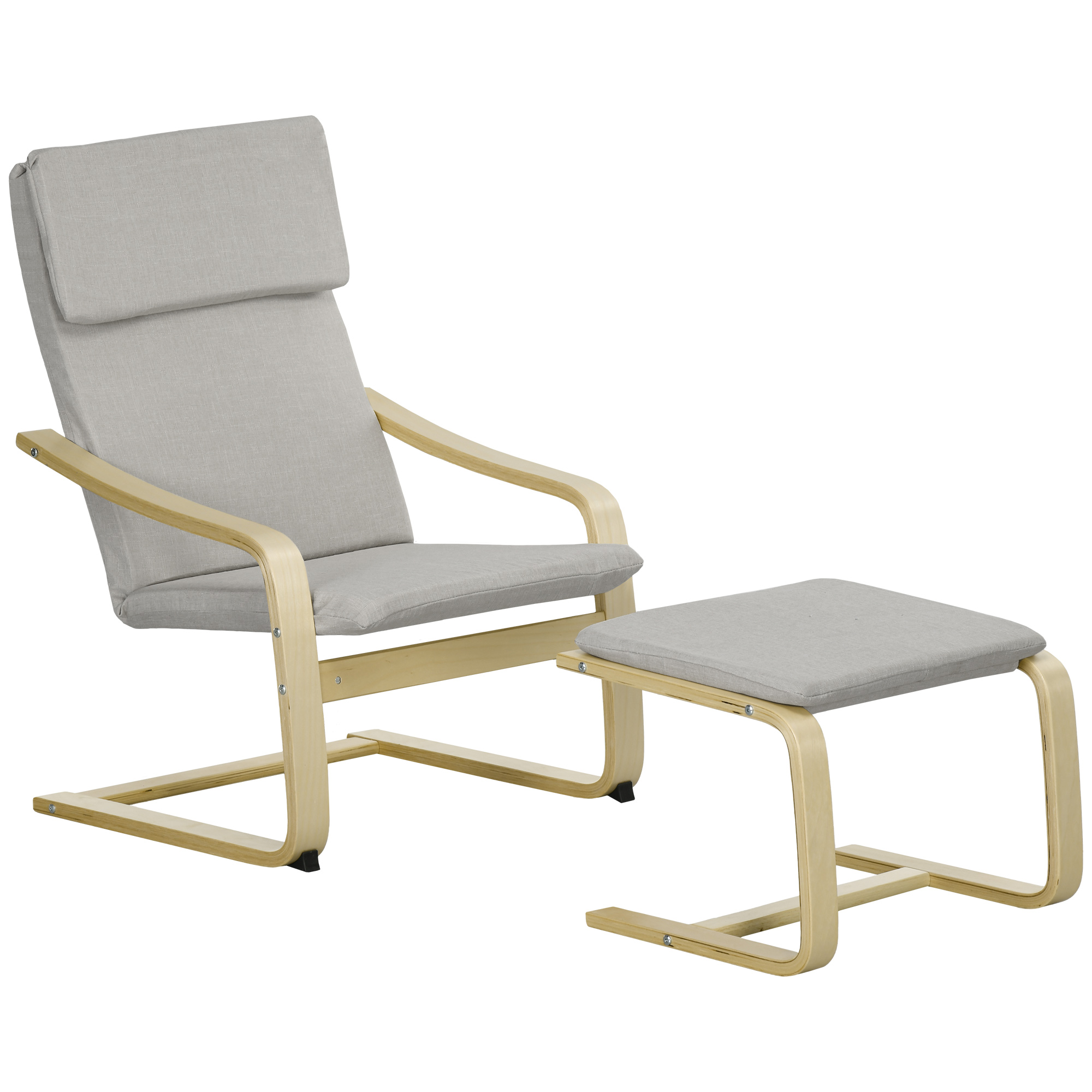 HOMCOM 2er-Set Loungesessel mit Hocker und Armlehne, Kopfstütze, Leinenbezug, Fußpolster aus Polyester, Eukalyptus, hellgrau 66,5 x 80 x 99 cm   Aosom.de
