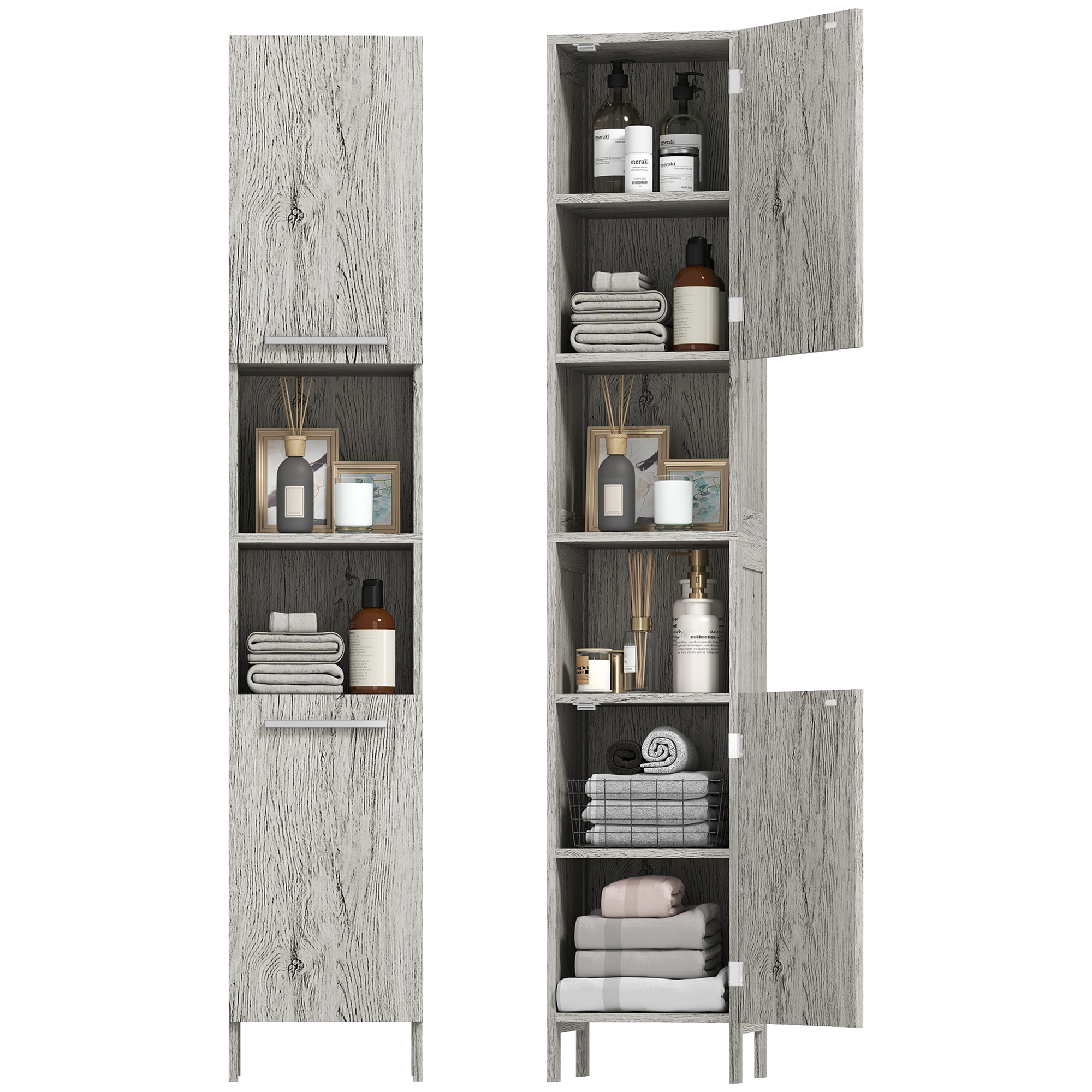 kleankin Mueble Auxiliar Armario Alto para Baño Gran Almacenamiento con Zonas Abiertas y Cerradas 30x32x172.5 cm | Aosom España
