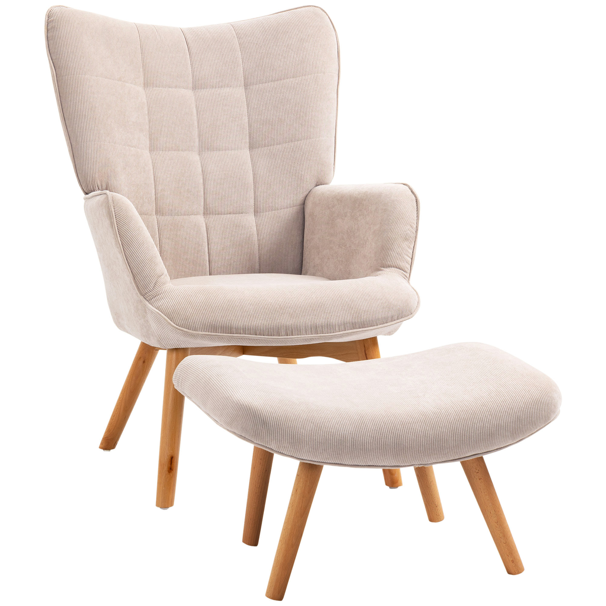 HOMCOM Fauteuil avec repose pied, dossier haut, pieds en bois et tissu aspect velours côtelé, pour salon chambre à coucher beige HOMCOM Fauteuil avec repose pied, dossier haut, pieds en bois et tissu aspect velours côtelé, pour salon chambre à coucher beige