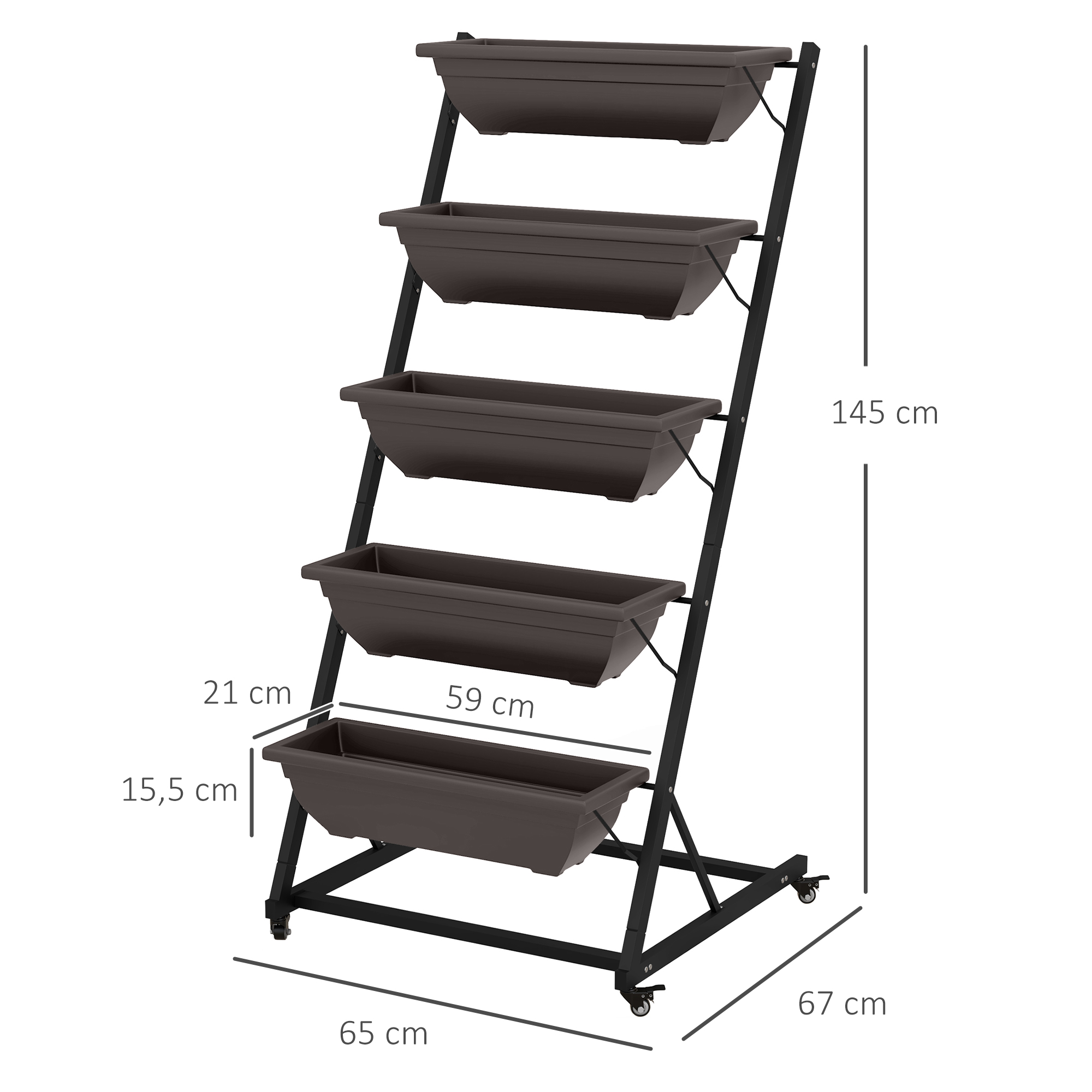 5-astmeline lillealus, 145 cm kõrge, ratastega lillealus, terasest taimeriiul, pruun