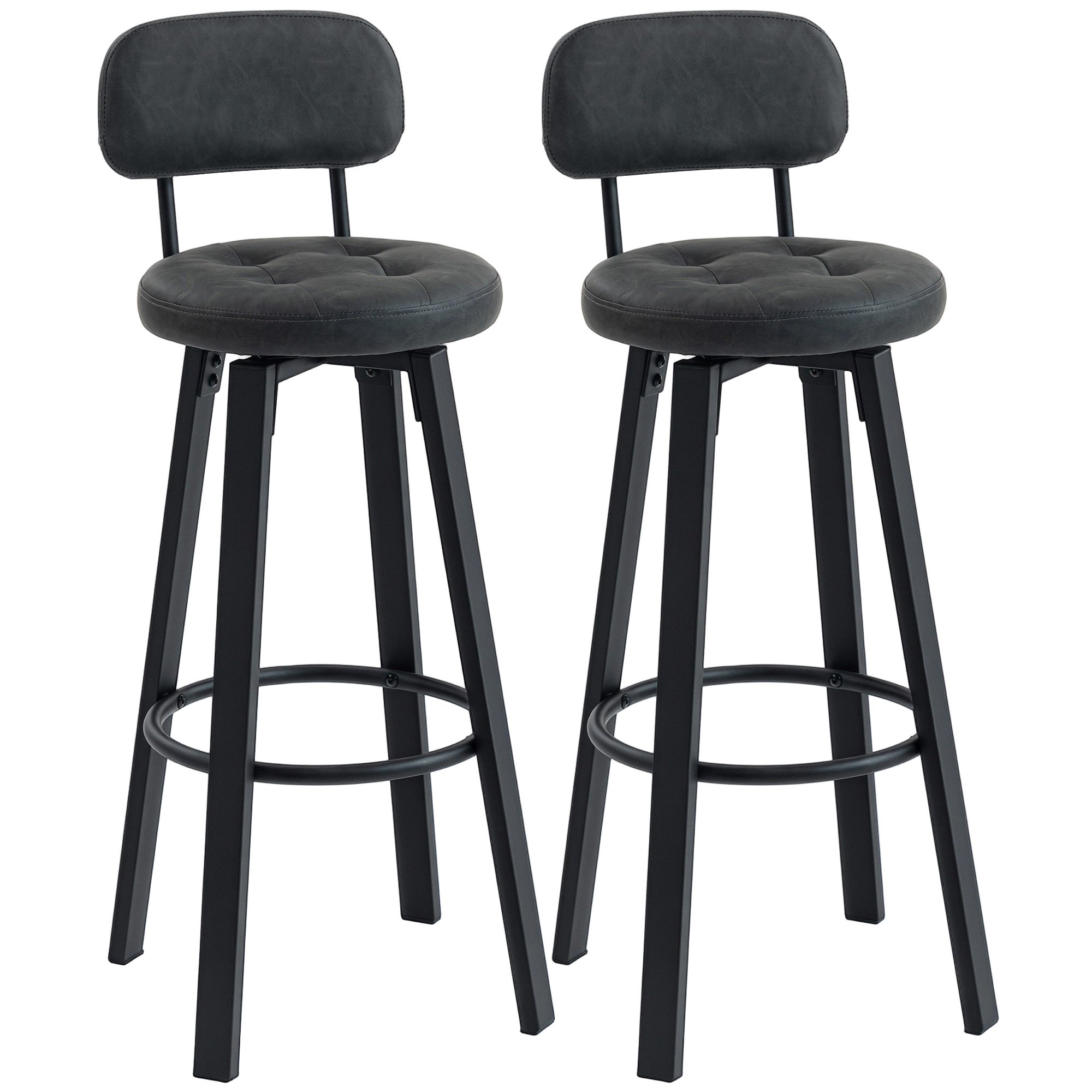 HOMCOM Juego de 2 Taburetes Altos de Cocina Giratorios Tapizados de PU con Respaldo Marco de Metal Reposapiés Gris Oscuro