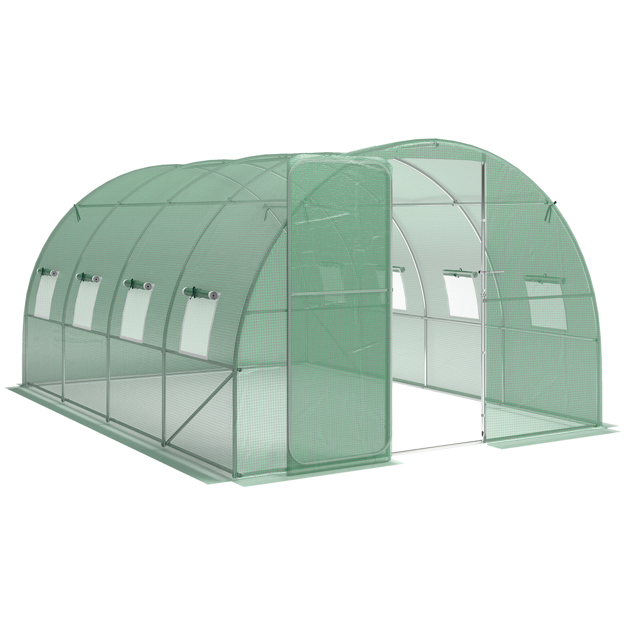 Outsunny Gewächshaus ca. 4 x 3 x 2 m Foliengewächshaus mit Abschließbar Anschlag-Tür 8 Rollbar Netzfenster Stützstangen Verlängerte Kanten, UV-beständig Folientunnel, Winterfest Tomatenhaus, Grün Aosom
