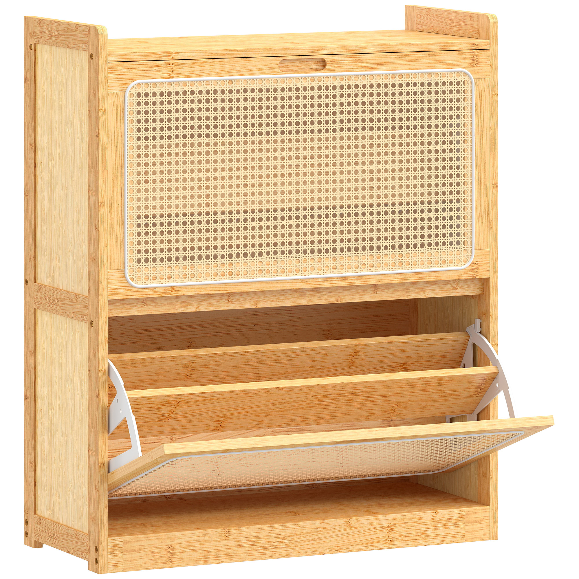 HOMCOM Zapatero Estrecho de Bambú con 2 Cajones Abatibles de Ratán para 12-14 Pares de Zapatos 69x29x83 cm Natural | Aosom España