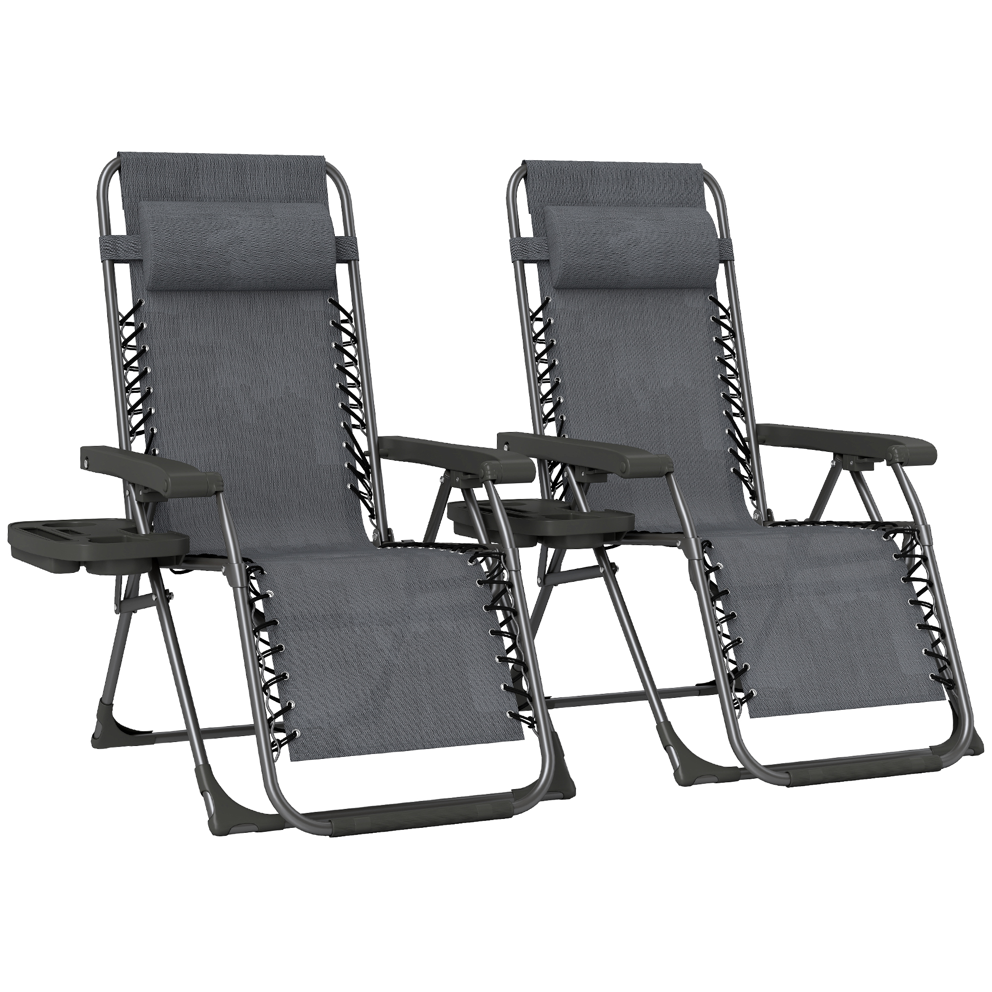 Outsunny Dark Grey Zero Gravity Chairs Set Of 2, Folding Sunloungers Reclining Garden Chairs With Cup Holder, Headrest,