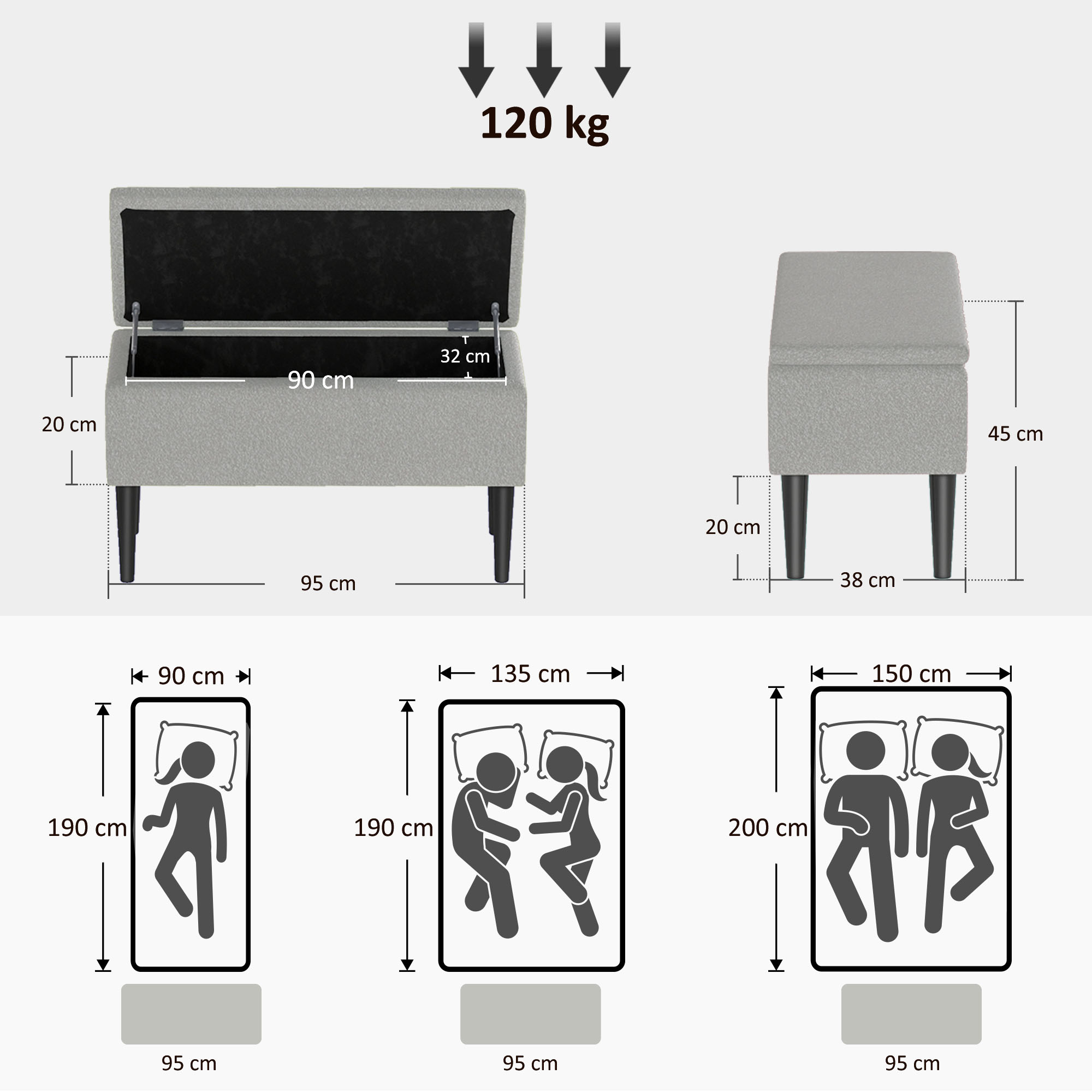Hoiupink, kuni 120 kg, sametine välimus, 95x38x45cm, hall