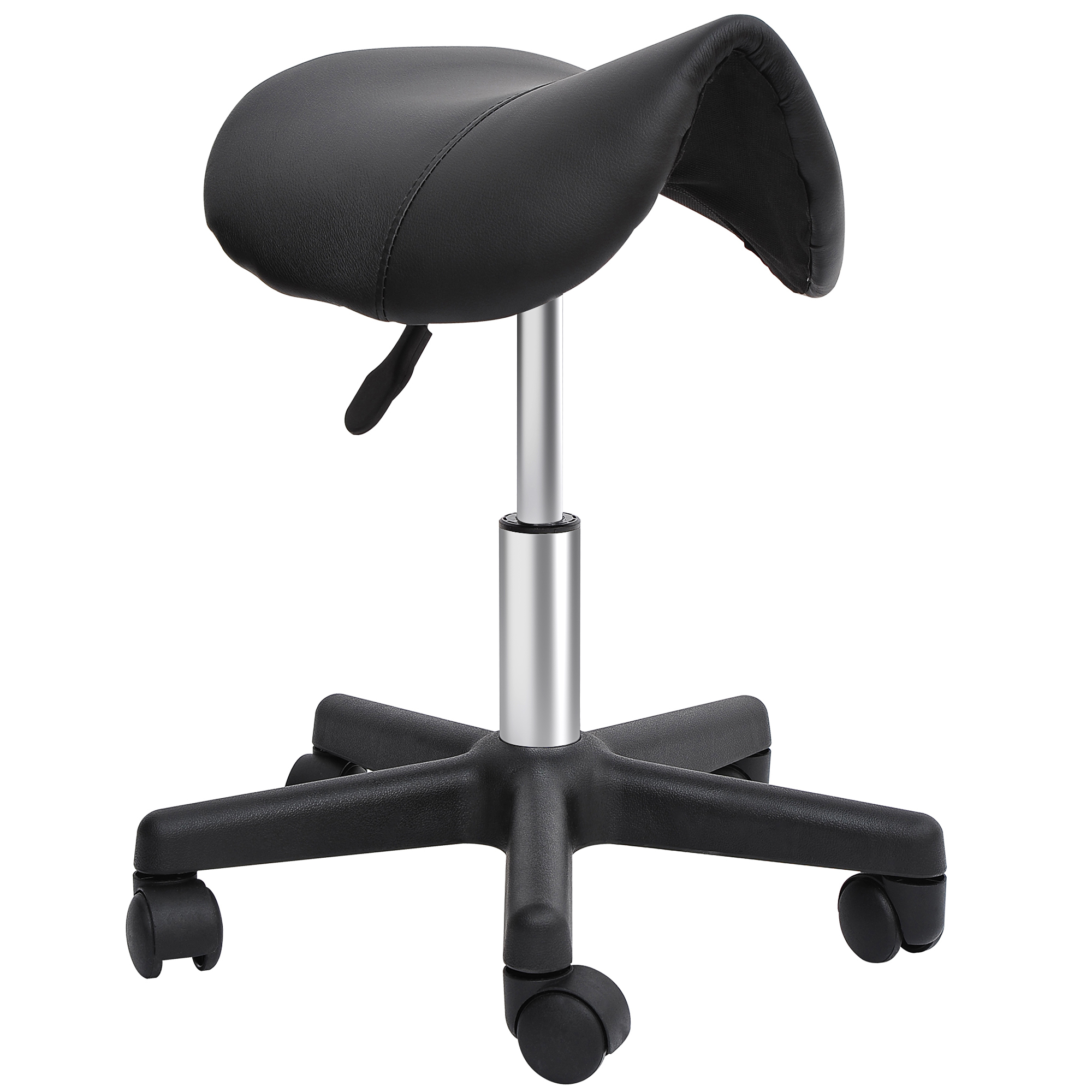 Rollhocker, sattelförmiger Sitz, höhenverstellbar, um 360° drehbar, Kunstleder, schwarz, 35 x 38 x 45-55 cm