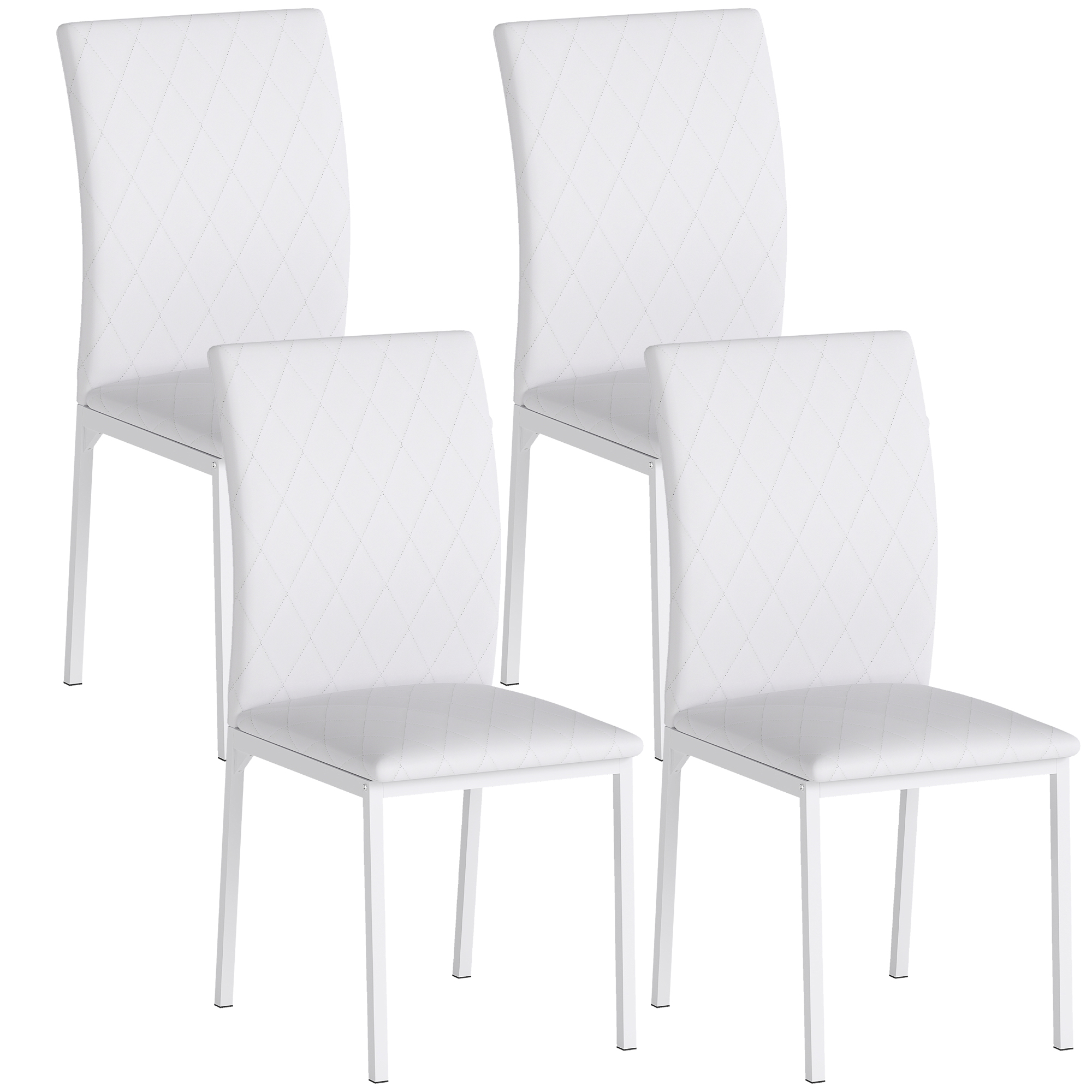 HOMCOM Lot de 4 chaises de salle à manger, chaises de cuisine, capitonnage rhombique et pieds en métal, 41x50x91cm, blanc HOMCOM Lot de 4 chaises de salle à manger, chaises de cuisine, capitonnage rhombique et pieds en métal, 41x50x91cm, blanc