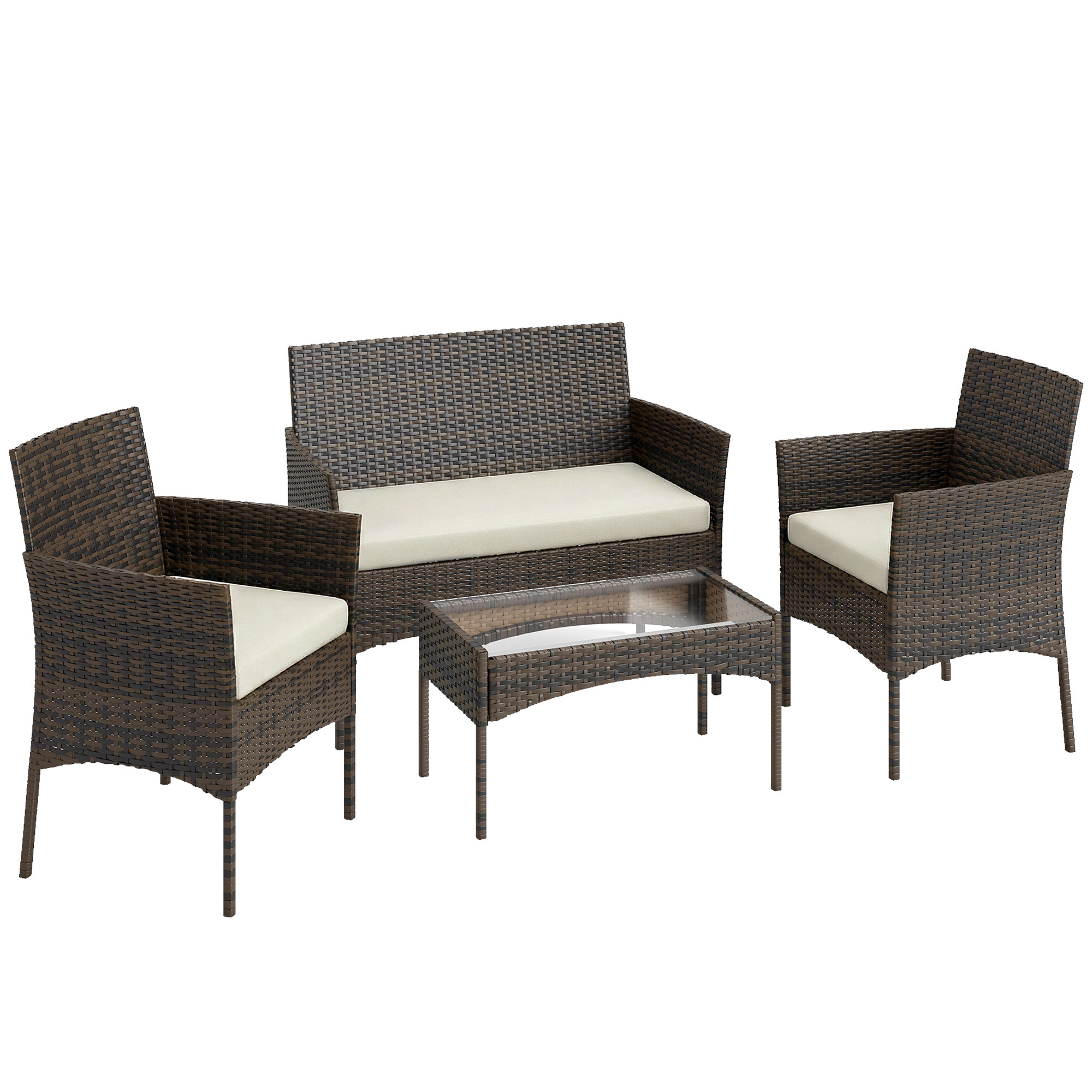 Outsunny Conjunto de Muebles de Jardín de Ratán Sintético con Sofá Sillones y Mesa de Centro con Vidrio Templado y Cojines Marrón