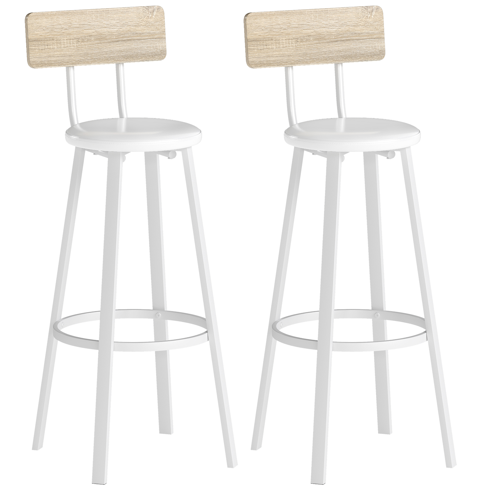 HOMCOM Lot de 2 tabourets de bar, chaises de bar, assise rembourrée 75,5H cm, dossier et repose-pieds, bois naturel et blanc HOMCOM Lot de 2 tabourets de bar, chaises de bar, assise rembourrée 75,5H cm, dossier et repose-pieds, bois naturel et blanc