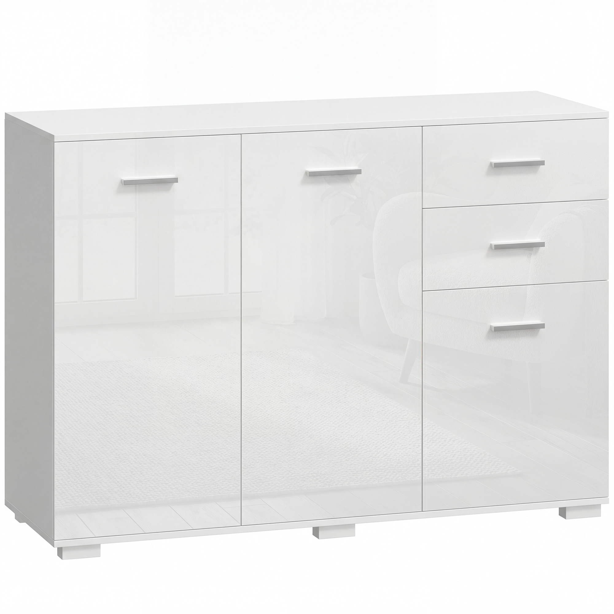 HOMCOM Sideboard, Modern Storage Cabinet with 2 Drawers, 3 Doors and Adjustable Shelves, High Gloss White HOMCOM Sideboard, Modern Storage Cabinet with 2 Drawers, 3 Doors and Adjustable Shelves, High Gloss White
