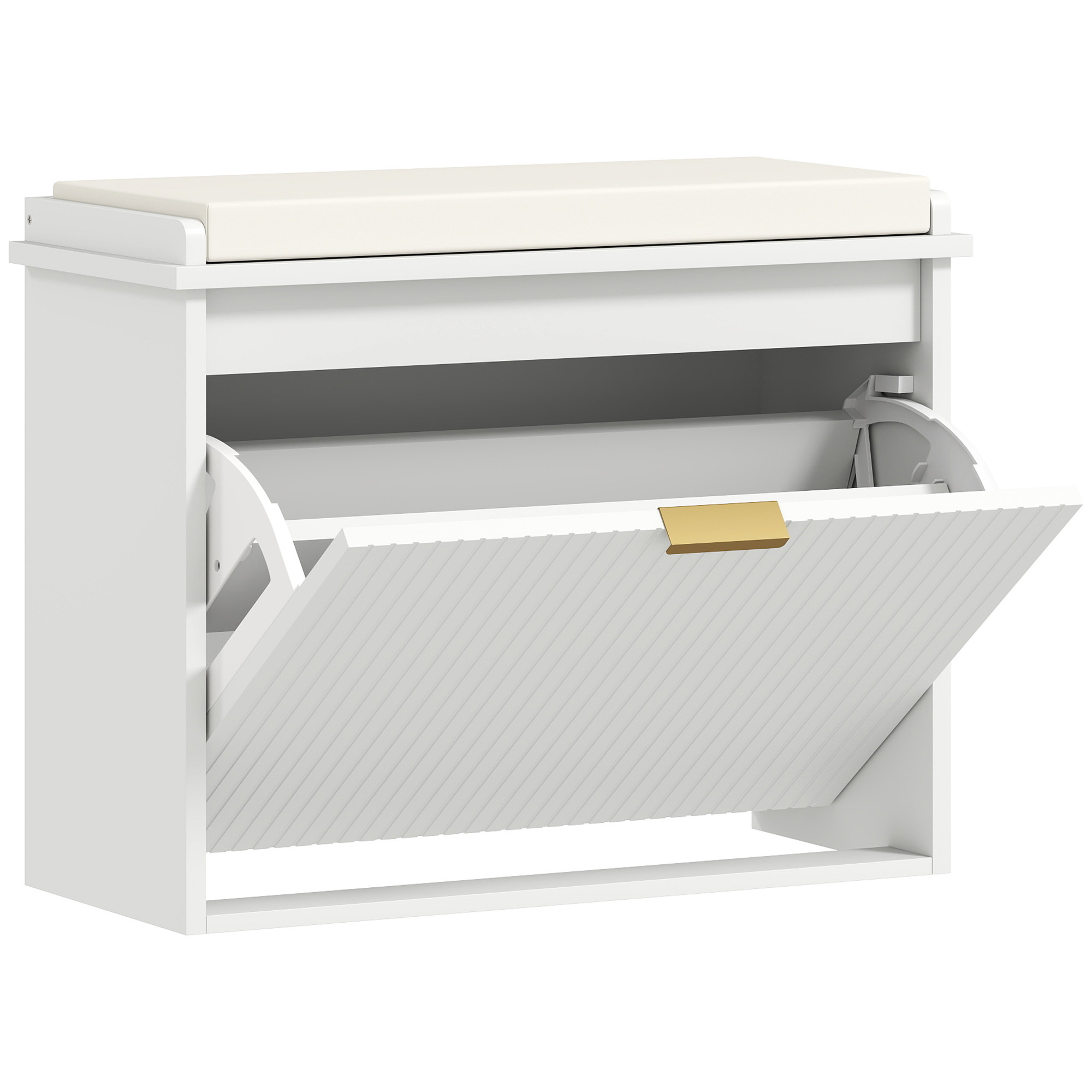 HOMCOM Banc à chaussures avec coussin d'assise rembourré et tiroir rabattable pour couloir, chambre, 62 x 26 x 47,5 cm, blanc HOMCOM Banc à chaussures avec coussin d'assise rembourré et tiroir rabattable pour couloir, chambre, 62 x 26 x 47,5 cm, blanc