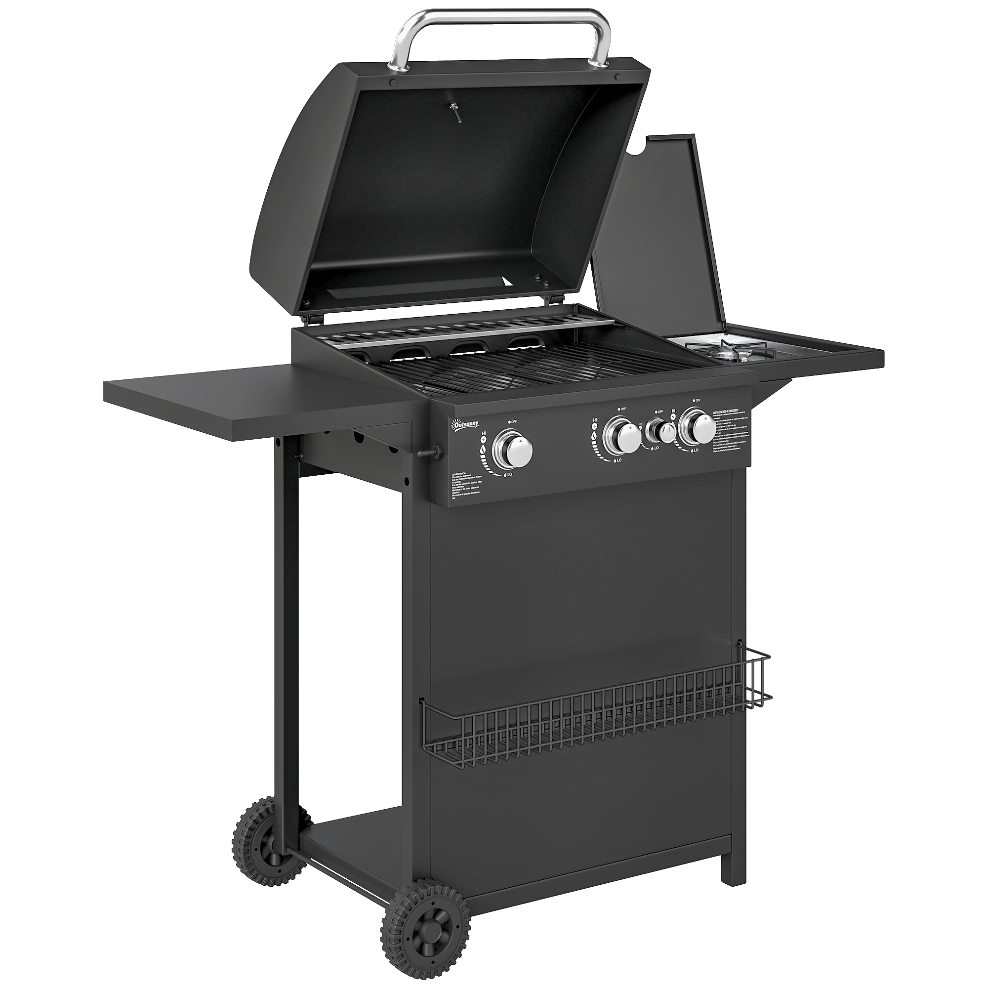 Outsunny Barbecue gaz 3+1 brûleurs en acier, puissance 9,5 kW, barbecue de jardin 2 grilles étagères latérales, 2 roues, noir