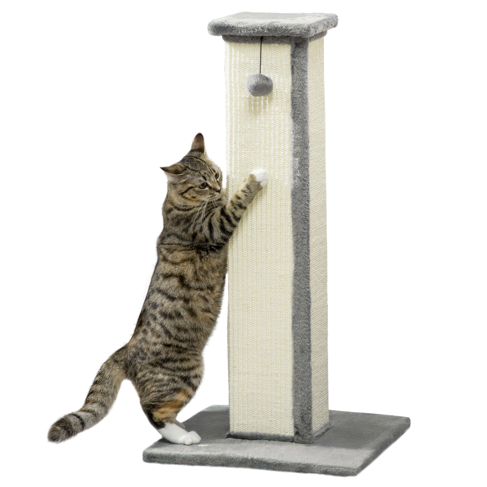 PawHut Poste Rascador para Gatos Altura 81 cm con Poste de Sisal Bola Colgante 41x41x81 cm Gris Perfecto para Afilar Uñas | Aosom España