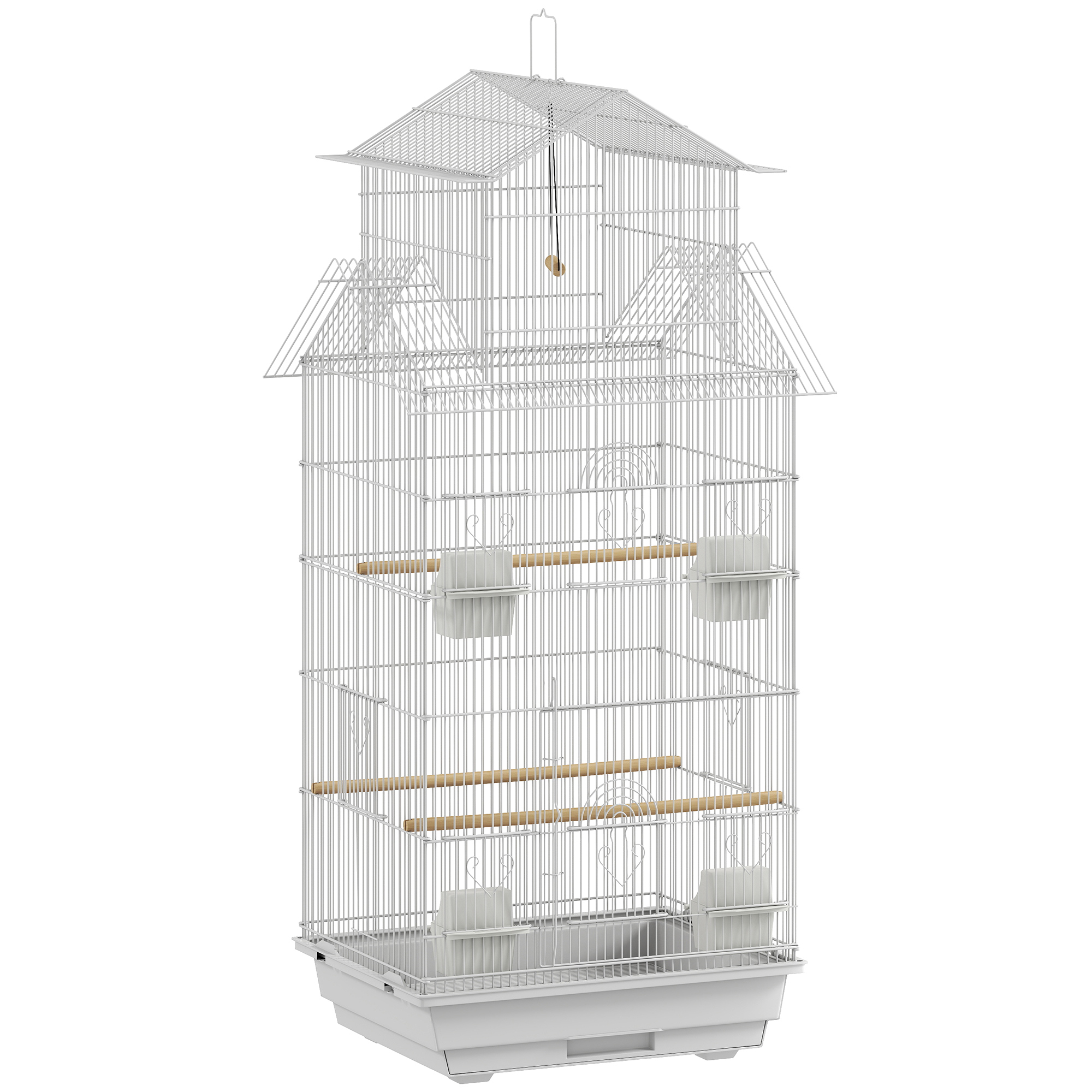 PawHut Jaula para Pájaros de Acero con Comederos Perchas Columpio y Bandeja Extraíble 50,5x41x104 cm Blanco