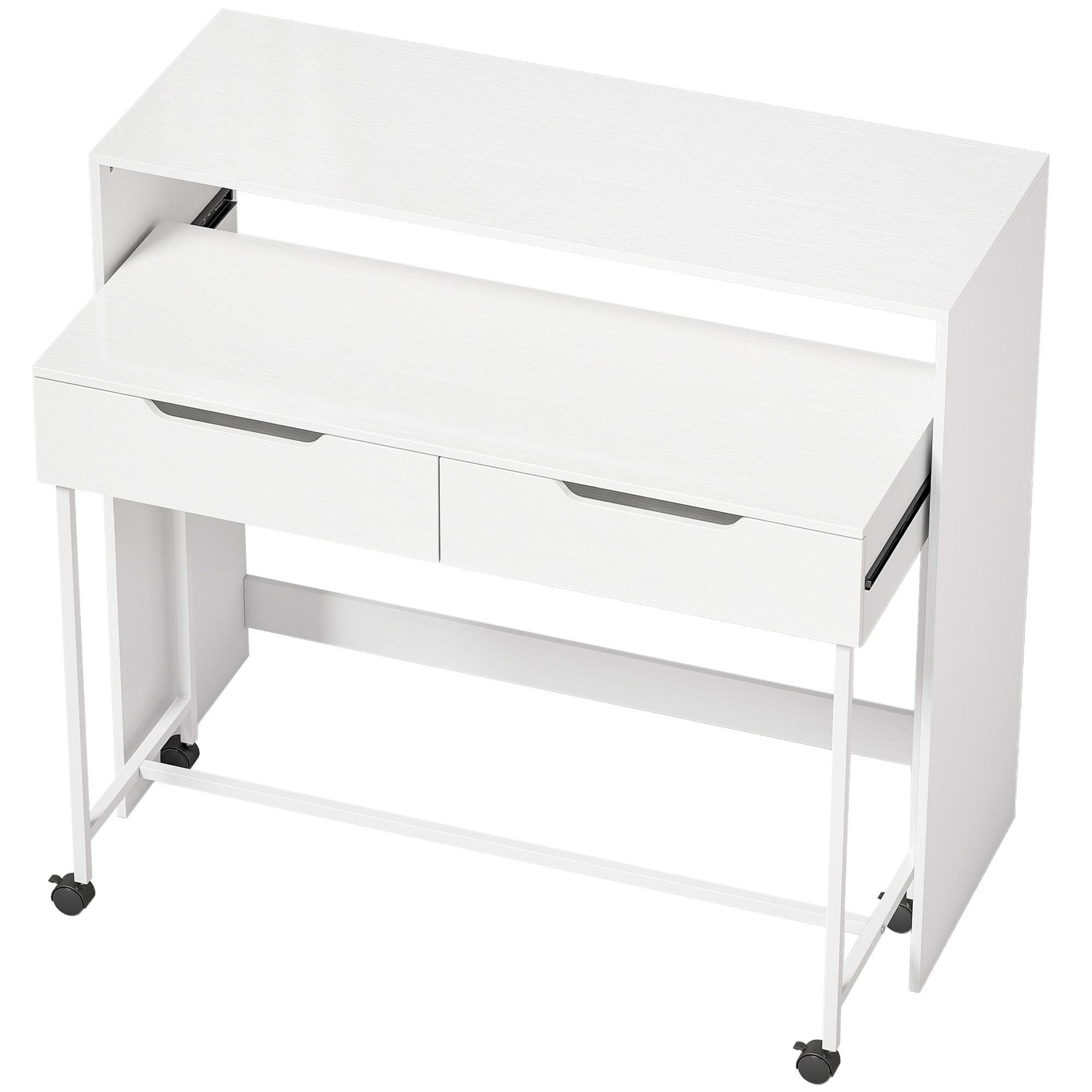 HOMCOM Ausziehbarer Computertisch 100 cm mit 2 Schubladen, Schreibtisch mit Stauraum, Rollen, Modernes Design, Edelstahlfüße, Arbeitstisch für Wohnzimmer, Zuhause, Kleine Räume, Weiß Aosom