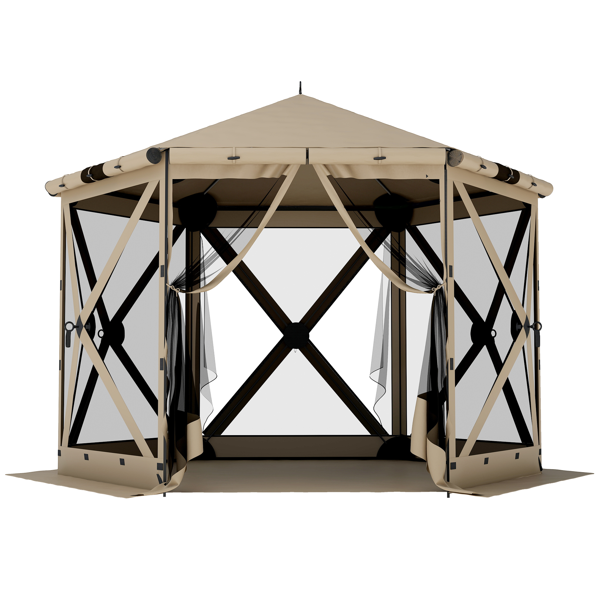 Outsunny 3 m x 2,6 m Sechseck-Pavillon mit Bodenmatte, Seitenteilen aus Netzgewebe und Tragetasche, wasserdicht, UV-beständig, Partyzelt für Garten und Terrasse, Khaki Aosom