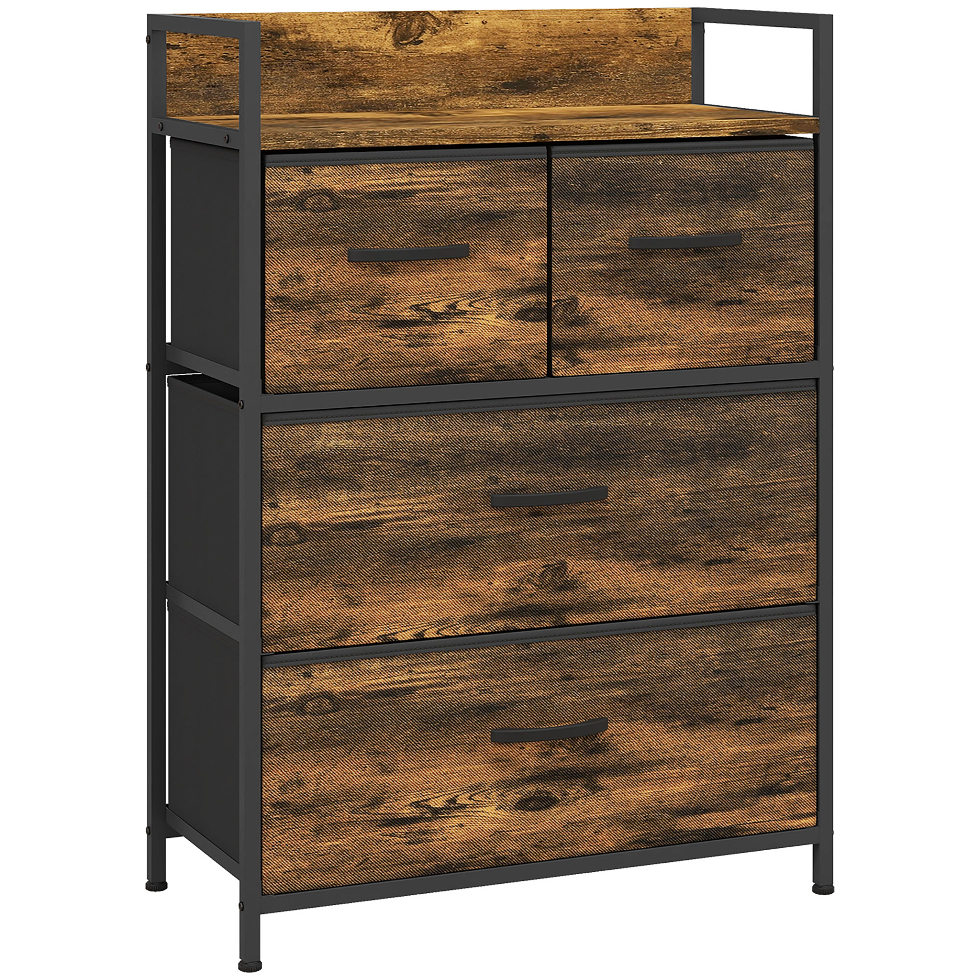 HOMCOM Kommode 4 faltbare Stoffschubladen Regal Griff Aufbewahrungsschrank Industrial Design Stahlrahmen Rustikal-Braun   Aosom