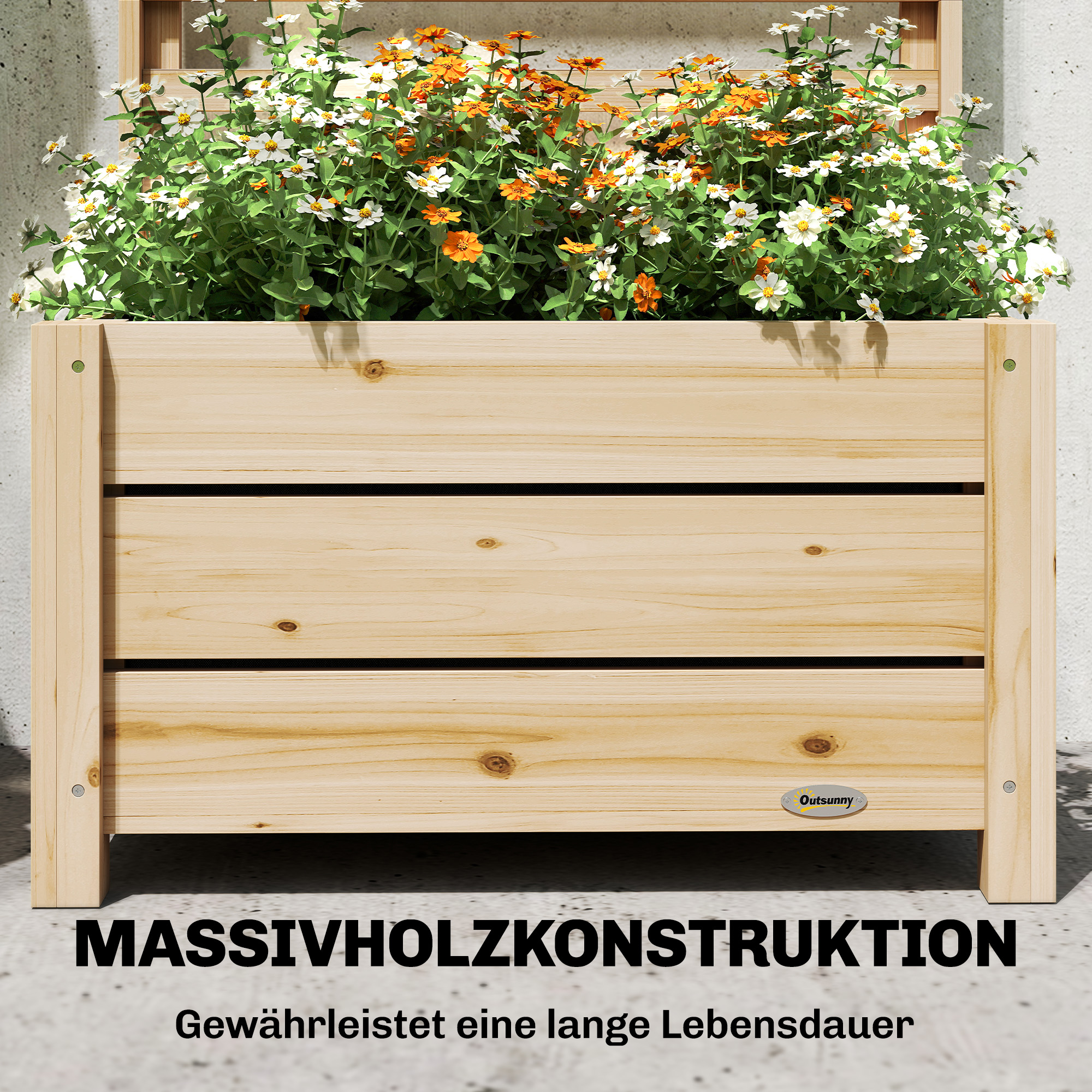 Kõrgendatud aiapeenar võrega, puidust lillepott espaljeeriga, drenaažiavaga, fliiskangast, 60 x 39 x 120 cm, naturaalne puit