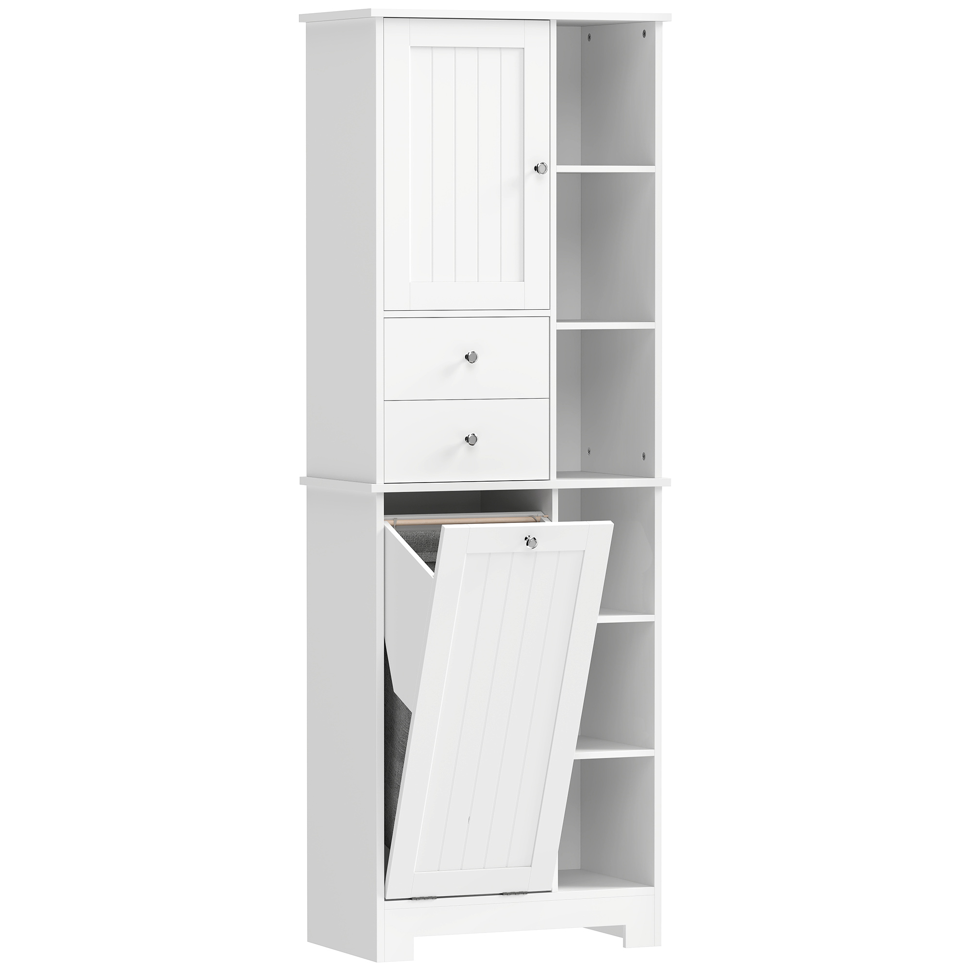 Badezimmerschrank Schmaler Badschrank mit 6 offenen Fächern und Wäschekorb, 2 Schubladen und Soft-Close-Tür, Weiß