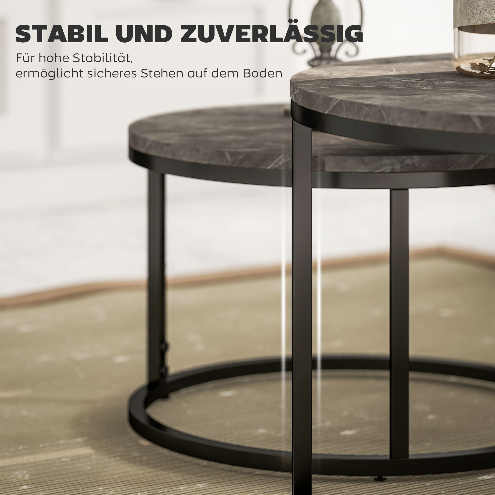2 ümmarguse kohvilaua komplekt, virnastatavad metallraamiga abilauad, marmori imitatsiooniga elutoalaud, kohvilaud, hall