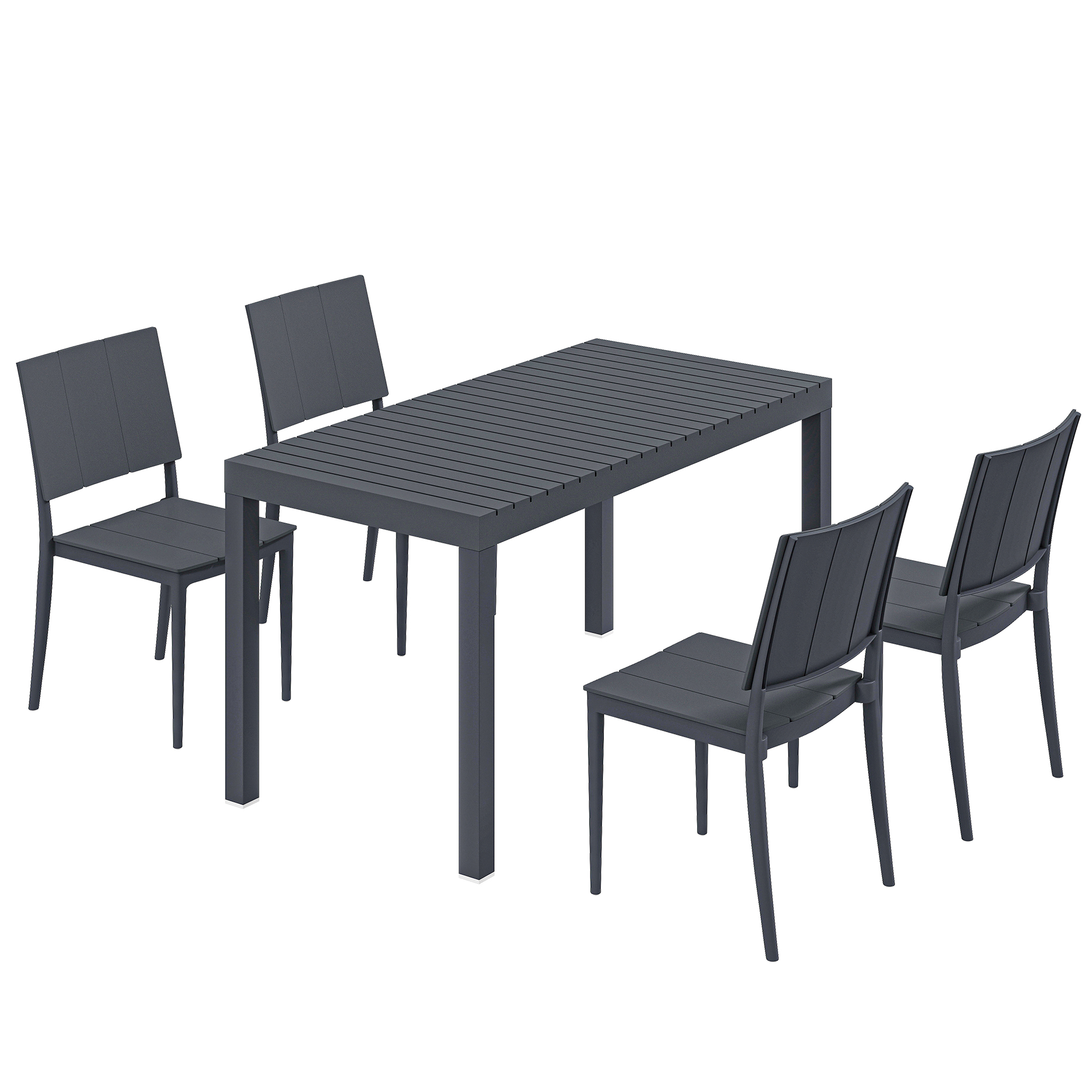 Gartenmöbel Set Sitzgruppe Breiter Tisch mit 4 Stapelstühlen Lamelldesign für 4 Personen Dunkelgrau