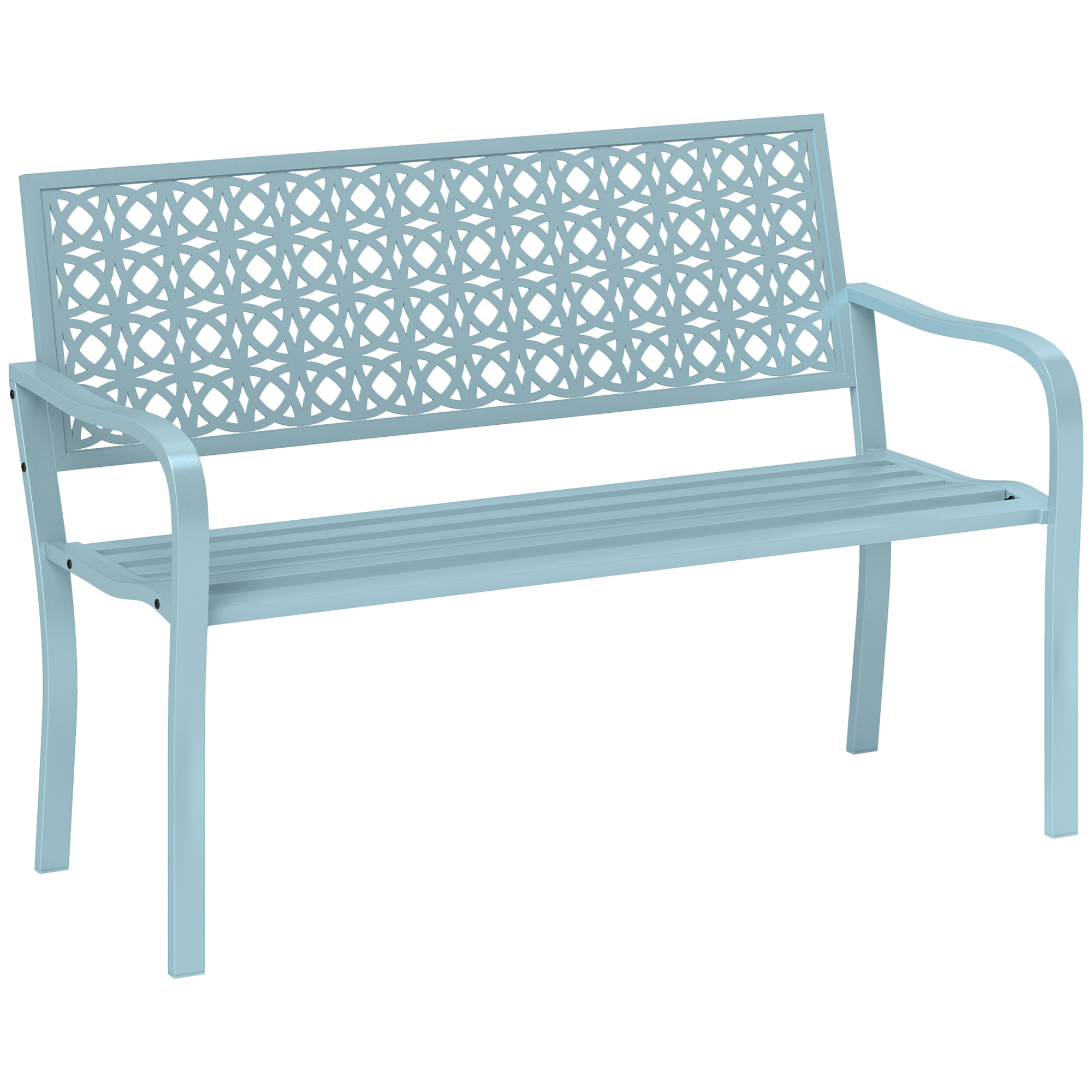 Outsunny Banc de jardin 2 places, banc extérieur jardin en acier avec dossier ajouré, 127 x 63 x 85 cm, bleu Outsunny Banc de jardin 2 places, banc extérieur jardin en acier avec dossier ajouré, 127 x 63 x 85 cm, bleu