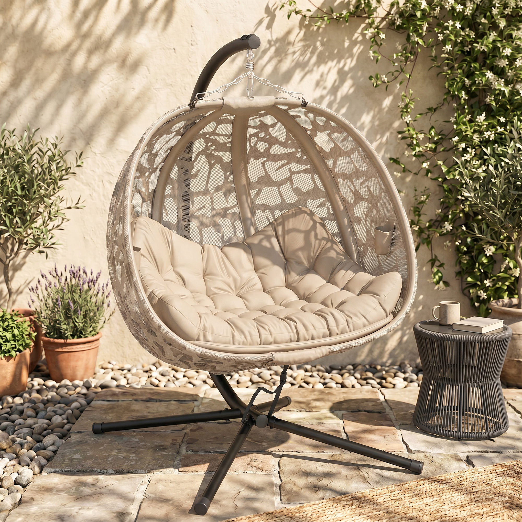 Outsunny Hängesessel 2 Sitzer Hängestuhl mit Kissen klappbare Hängeschaukel bis 240 kg belastbar Polyester Stahl Sandfarbe   Aosom.de