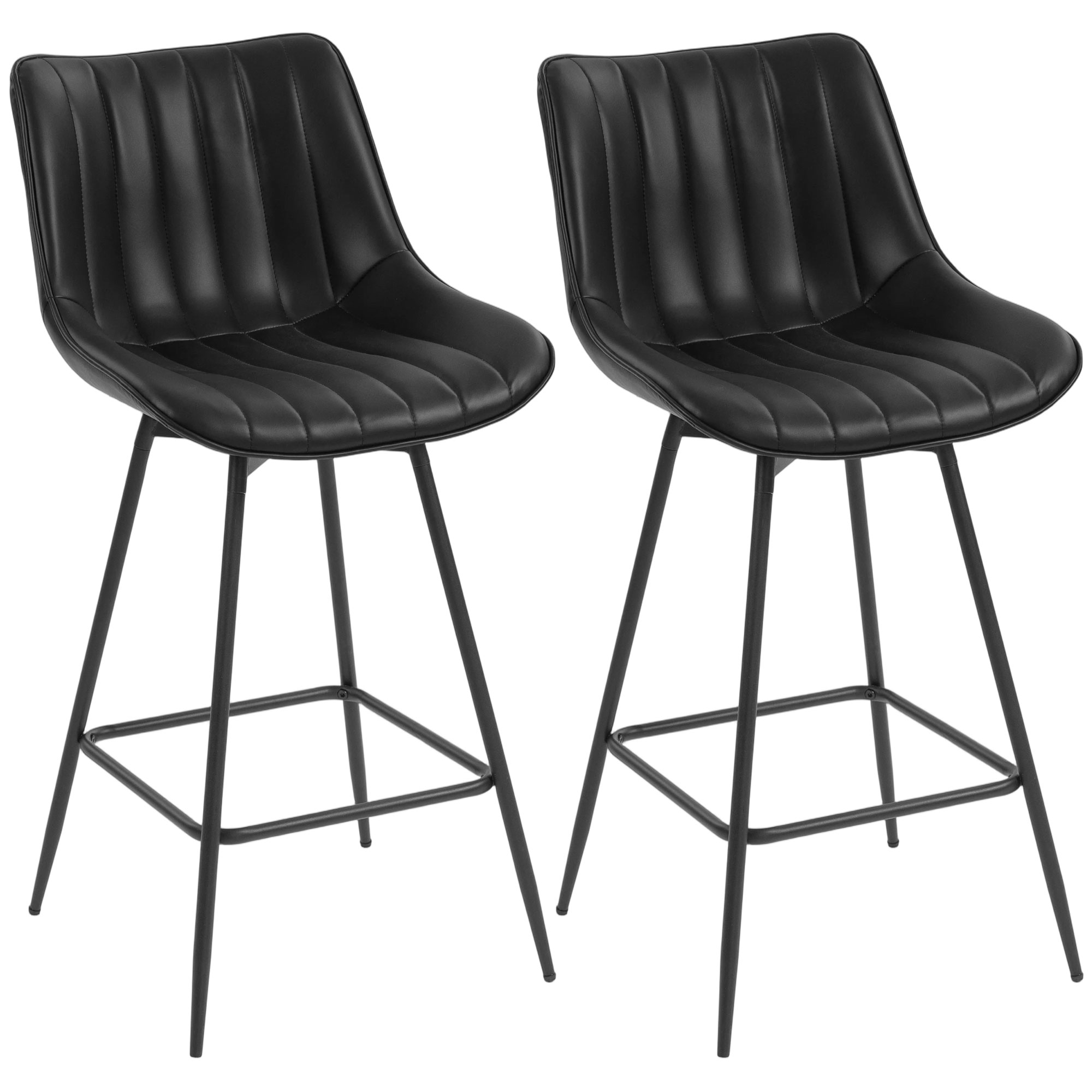 HOMCOM Juego de 2 Taburetes de Bar, Sillas de Bar Giratorio 360° Tapizado en Cuero Sintético con Respaldo y Reposapiés Negro