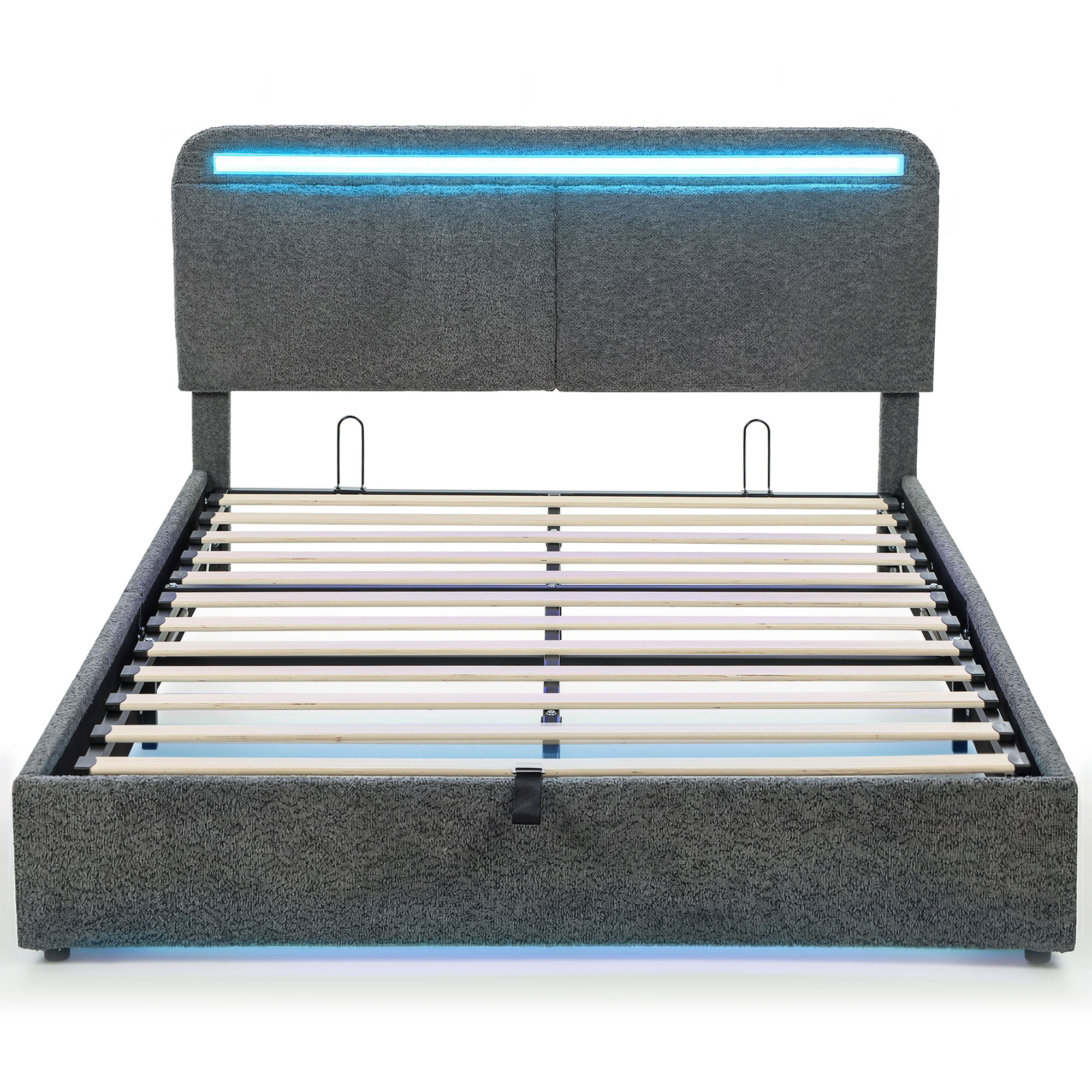 Lit coffre avec éclairage LED, tête de lit réglable, cadre de lit double, sommier à lattes en bois, gris