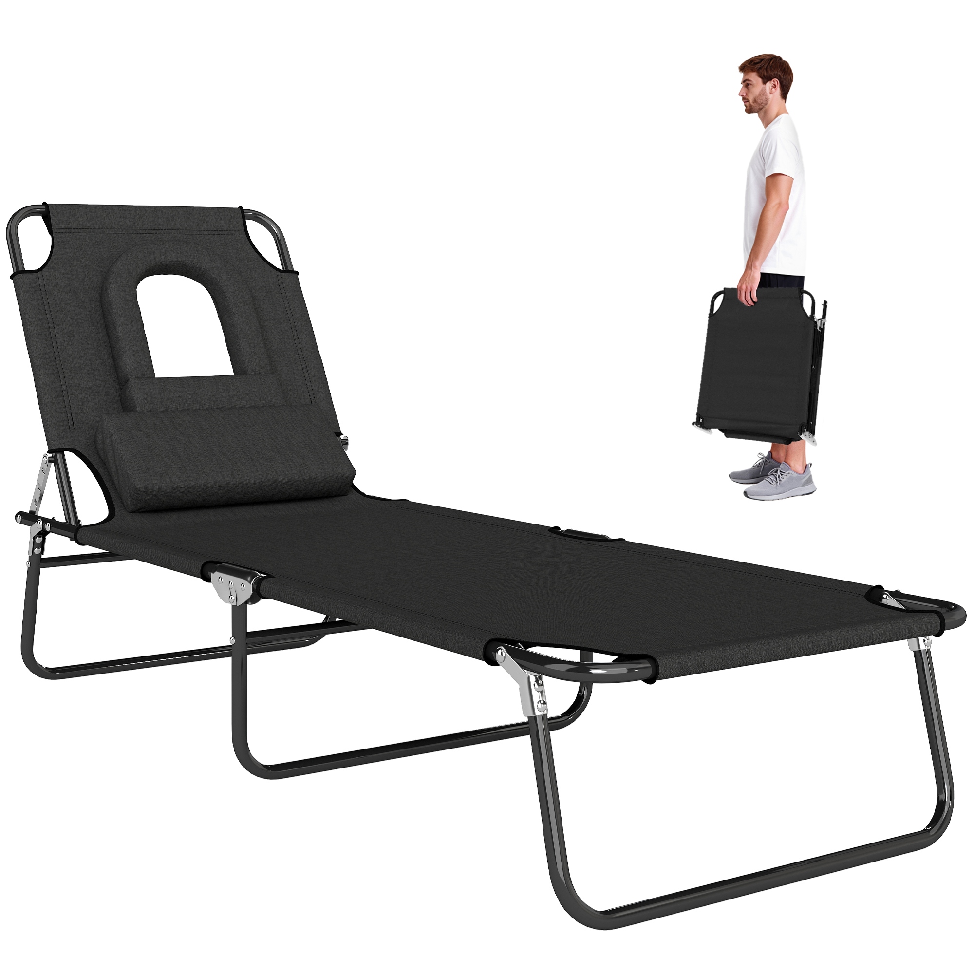 Outsunny Chaise Longue Pliable Bain de Soleil Transat avec Trou de Lecture Dossier 4 Positions de Réglage Oreillers Amovibles Charge Max.120 Kg Outsunny Chaise Longue Pliable Bain de Soleil Transat avec Trou de Lecture Dossier 4 Positions de Réglage Oreillers Amovibles Charge Max.120 Kg