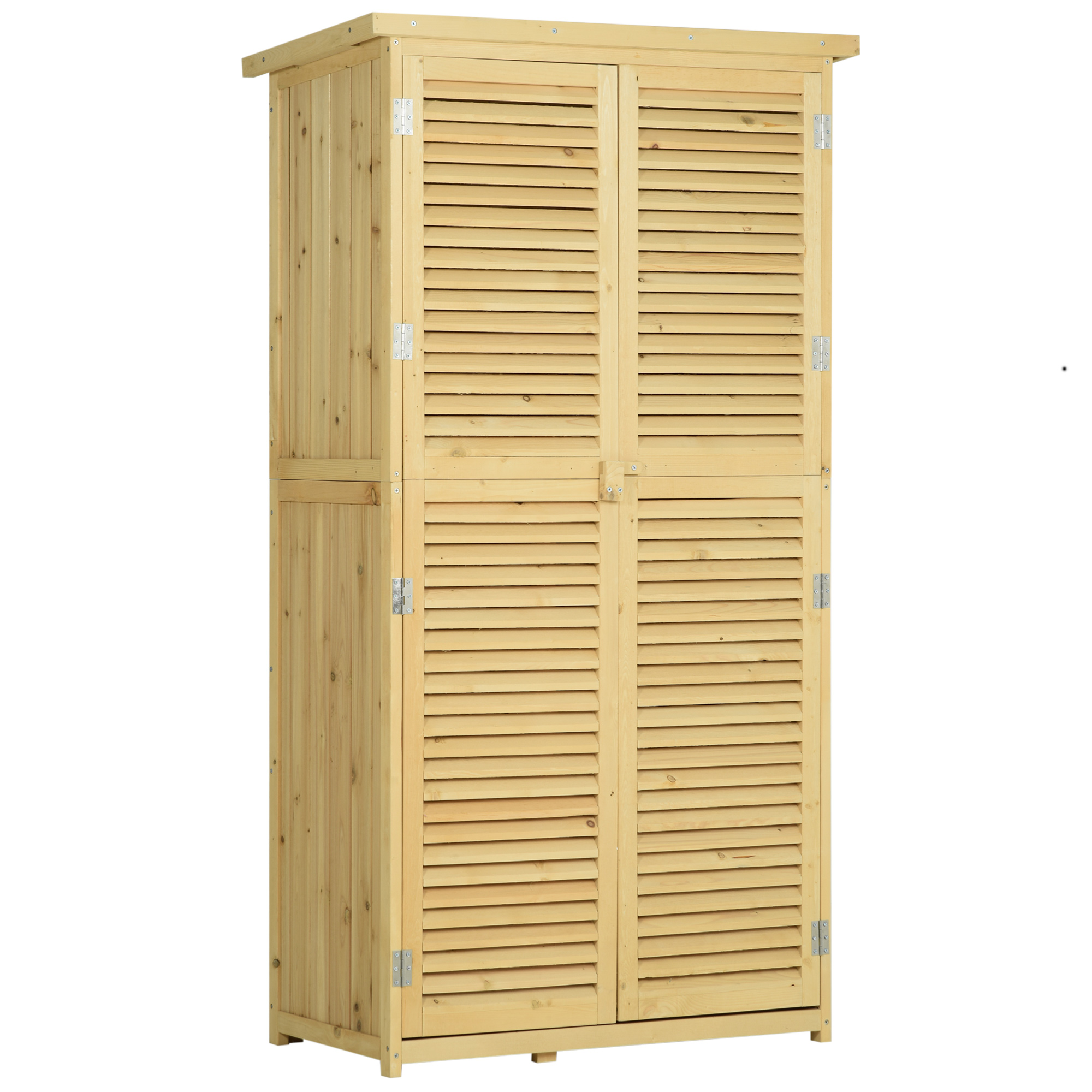 Gartenschrank Holz Geräteschuppen Gerätehaus mit Asphaltdach Lamellentür Geräteschrank Schuppen Garten 4 Fächer Naturholz 87 x 46,5 x 160 cm