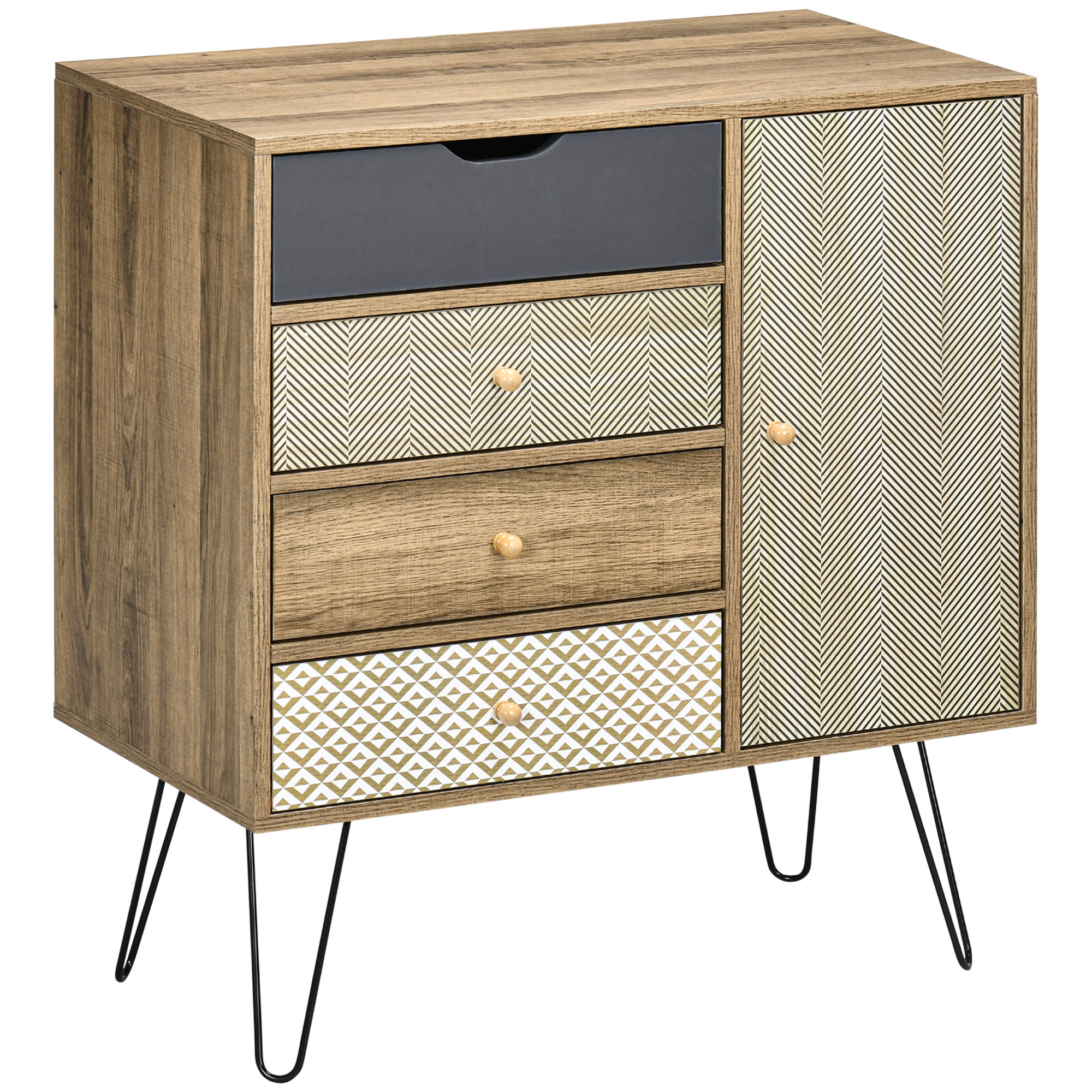 HOMCOM Cómoda Cajonera de Madera con 4 Cajones con Patas de Metal para Salón Dormitorio Estilo Boho 79x39x86 cm Marrón | Aosom España