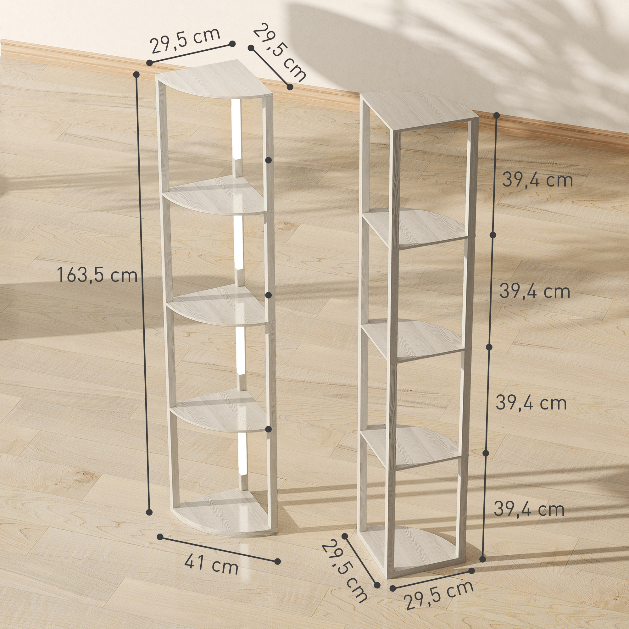 LED põrandalamp, nurgariiul, hämardatav, 4 riiulit, soe valge valgus, 41x30x164cm, tamm