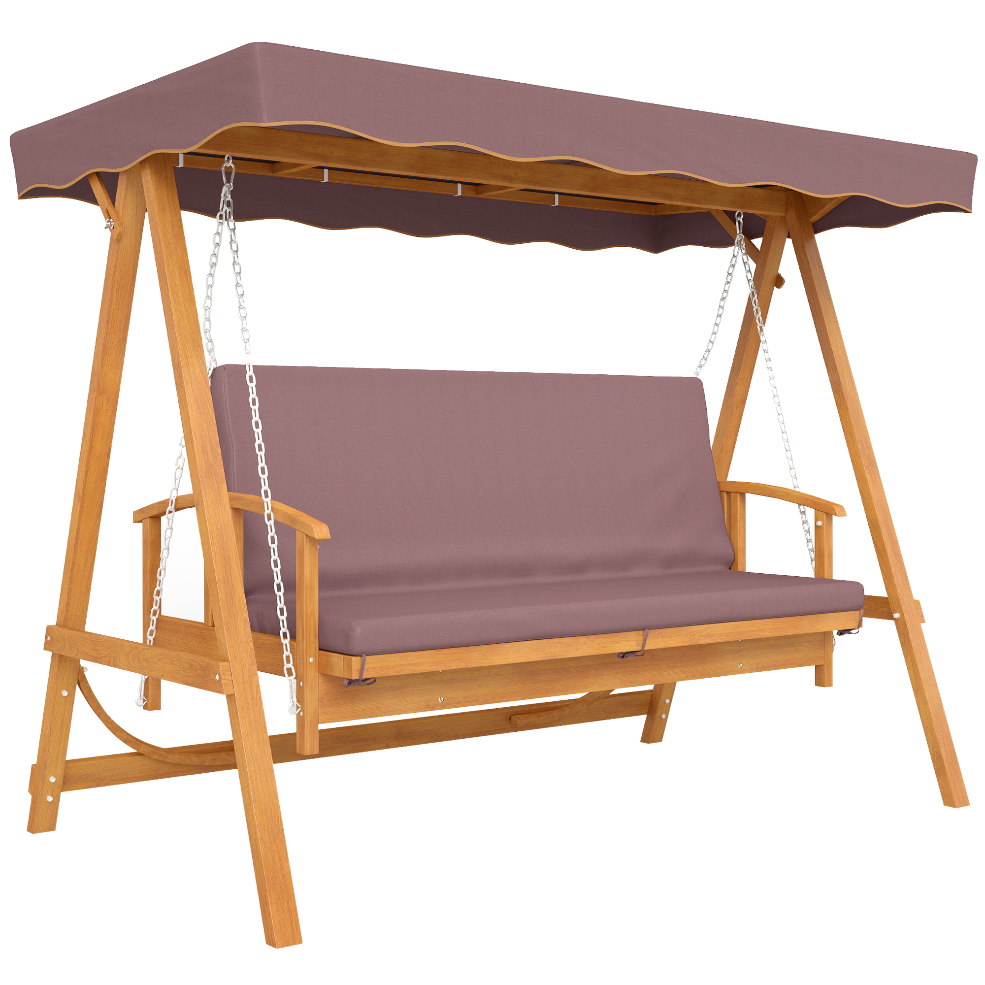 Outsunny 2 in 1 Hollywoodschaukel mit Liegefunktion, 3-Sitzer Gartenschaukel aus Holz, Holzschaukel mit Sonnendach Sitzauflage, Schaukelbank bis 330kg, für Garten, Terrasse, 236x130x181 cm, Braun Aosom