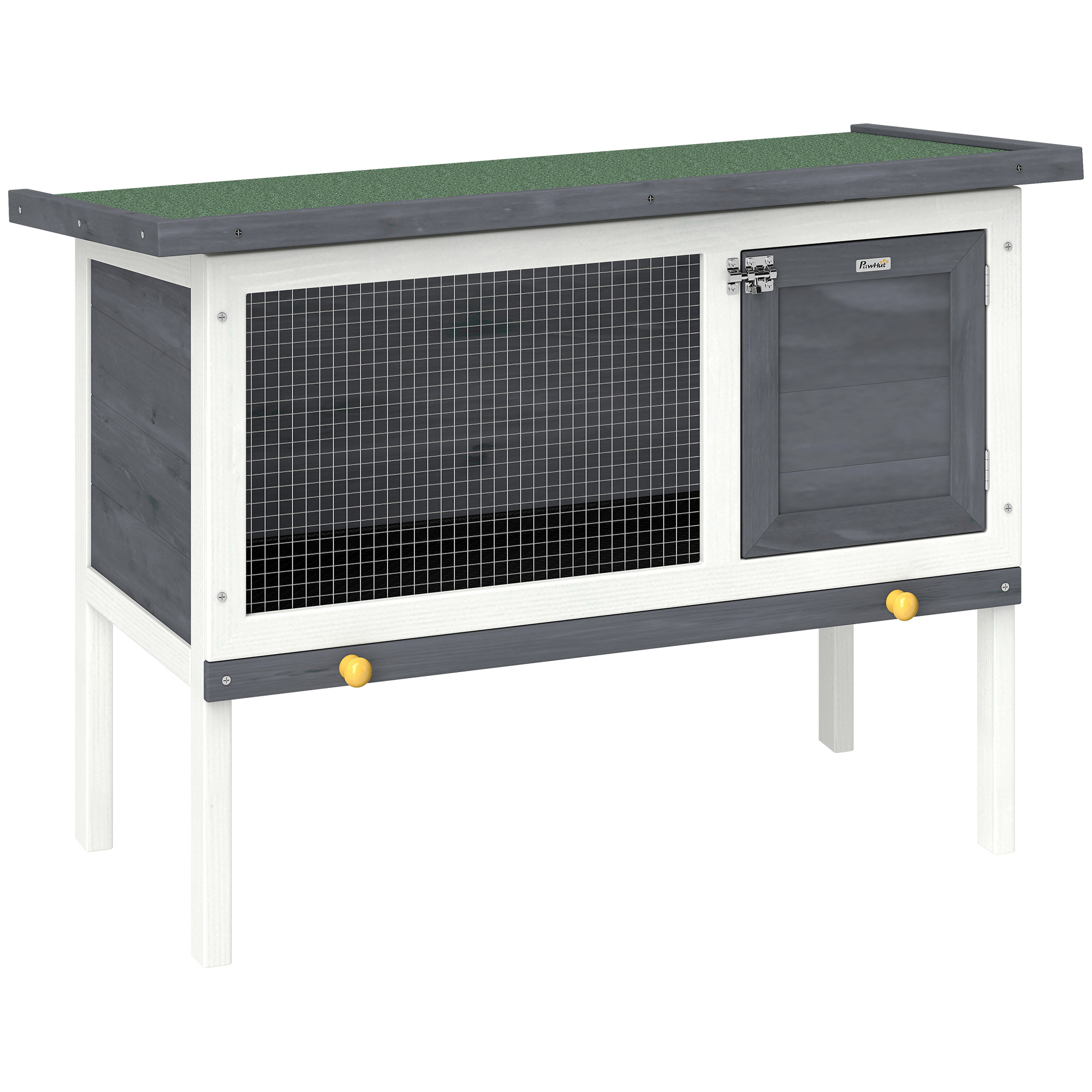 PawHut Clapier Lapin Extérieur en Bois, avec Toit Ouvrable en Asphalt et Plateau Coulissant, Design Surélevé, 90x45x65cm, Gris