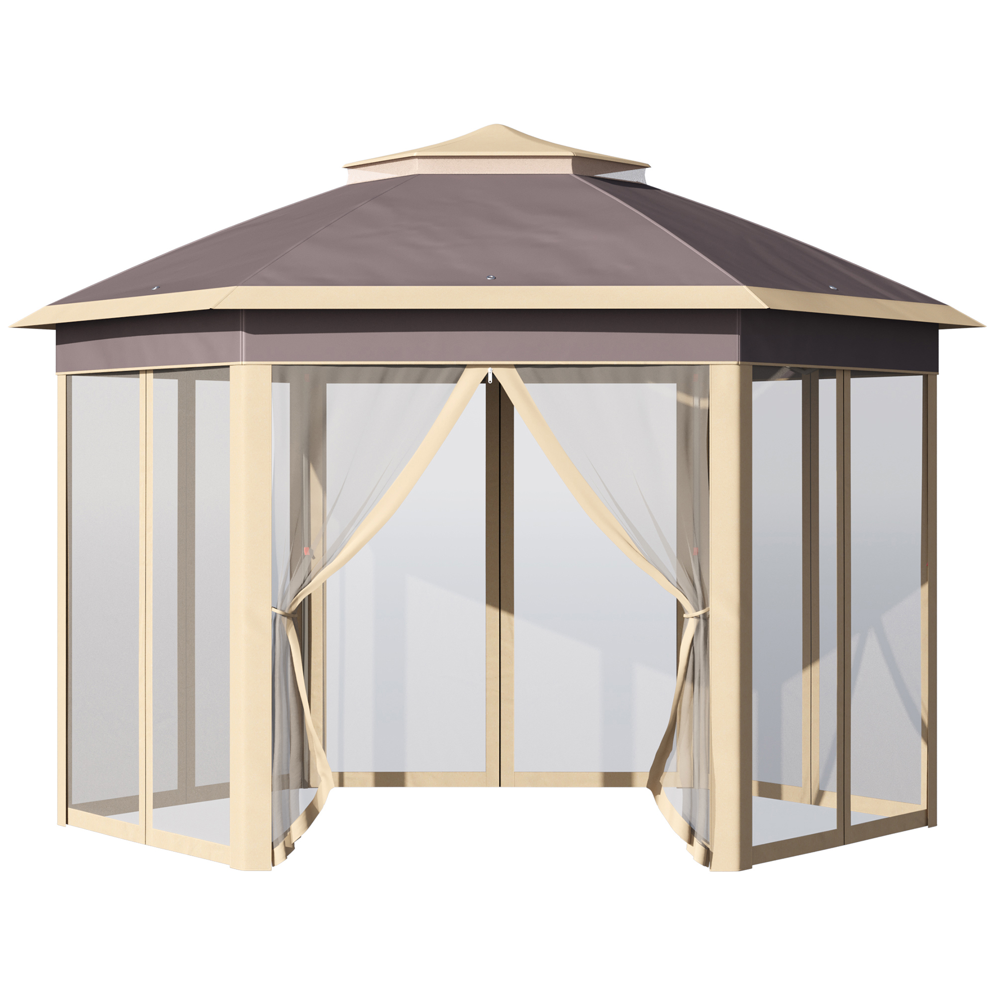 Outsunny Cenador de Jardín Hexagonal 4,05x3,4x2,85 m con Doble Techo 6 Mosquiteras Desmontables Bolsa y Anti-UV Beige | Aosom España