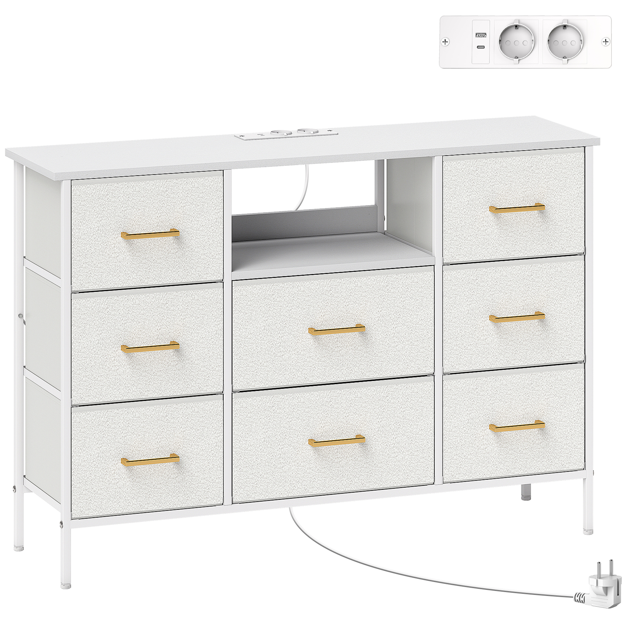 HOMCOM Kommode, Aufbewahrungsschrank mit 8 Schubladen aus Stoff, Steckdosenleiste, Stahlrahmen, Schubladenschrank für Flur, Schlafzimmer, Wohnzimmer und Büro, Cremeweiß Aosom