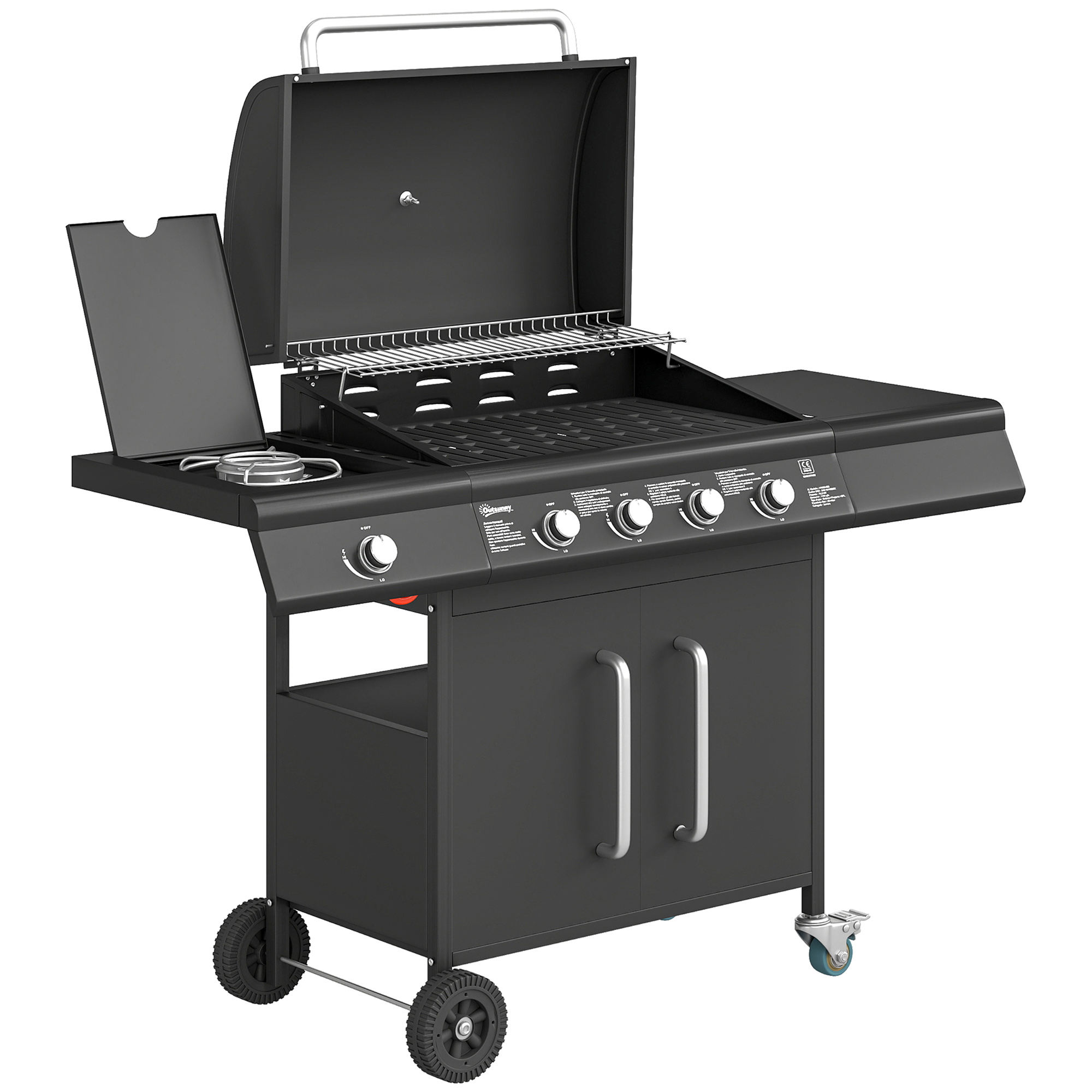 Outsunny 4+1 Burner Gas BBQ Grill with Storage Cabinet, 15.2 kW Gas Barbecue Trolley with Side Table, 4 Wheels, Warming Rack Outsunny 4+1 Burner Gas BBQ Grill with Storage Cabinet, 15.2 kW Gas Barbecue Trolley with Side Table, 4 Wheels, Warming Rack