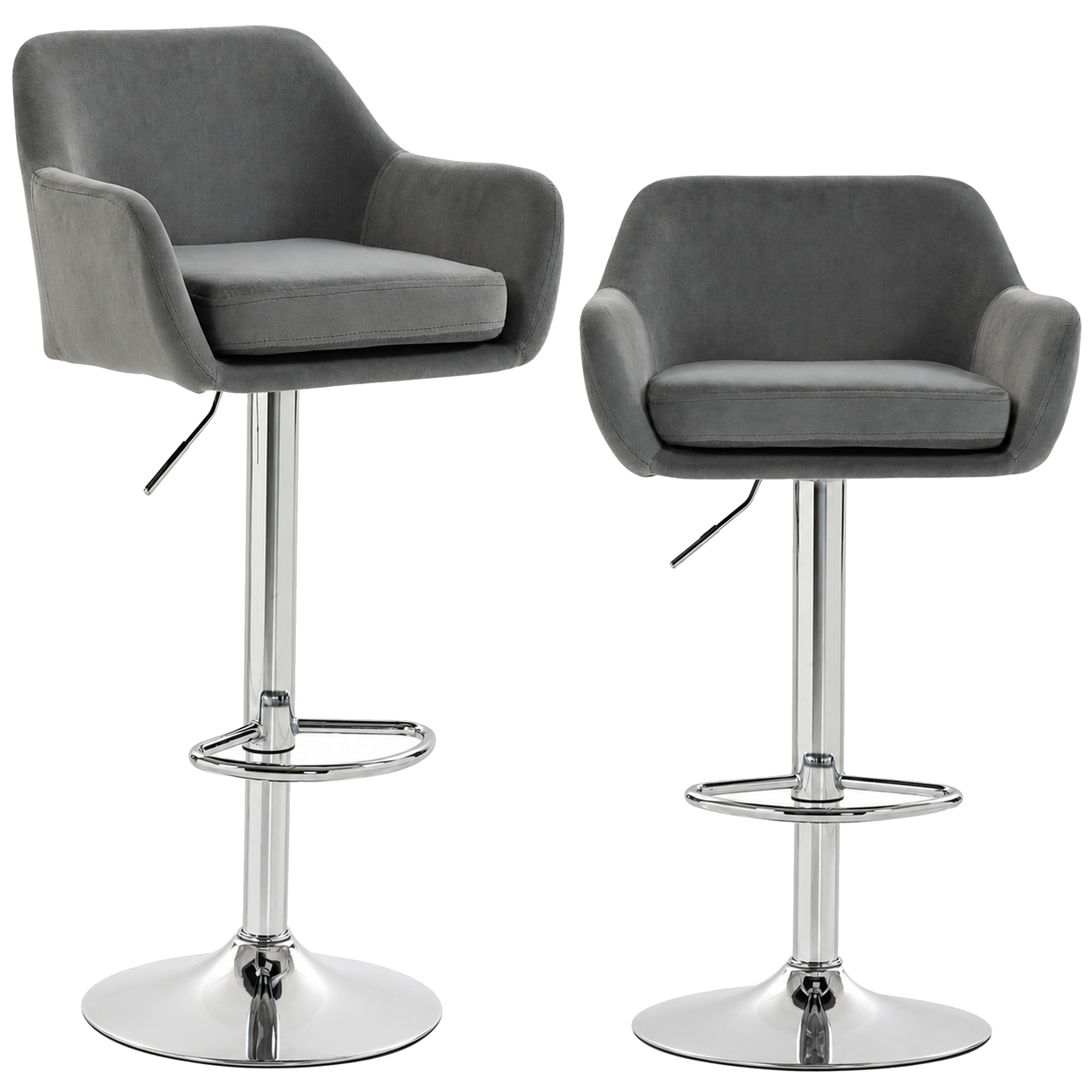HOMCOM Set mit 2 360° drehbaren Samt-Barhockern, höhenverstellbar, mit Fußstütze, Rückenlehne, Metallbasis, modern für Kücheninsel, Grau Aosom